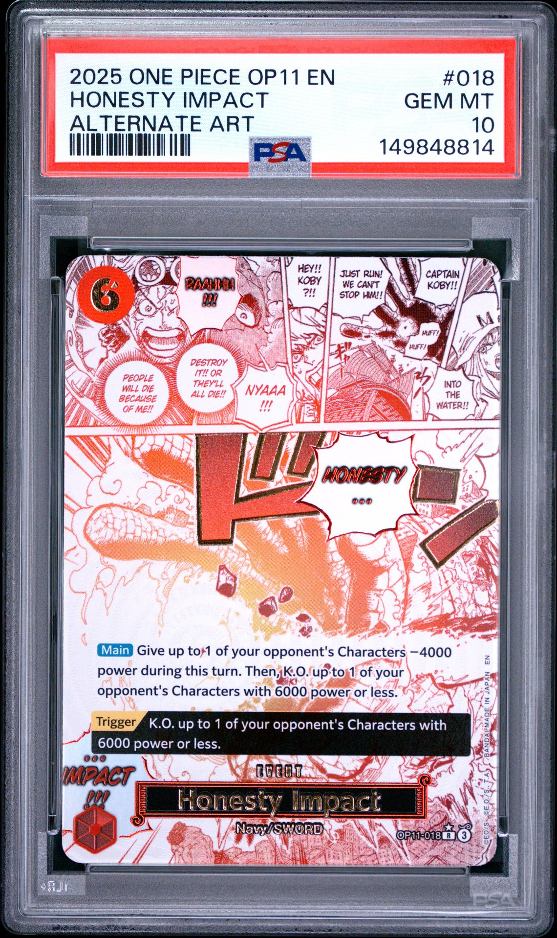 2025 One Piece Op11-A Fist Of Divine Speed Honesty Impact #018 (Alternate Art) Gem Mt 10 front view - PSA graded GEM MT 10