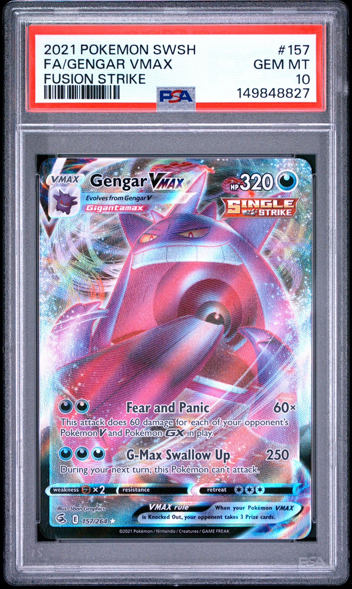 2021 Pokemon Sword & Shield Fusion Strike Fa/Gengar Vmax #157 (Fusion Strike) Gem Mt 10 front view - PSA graded GEM MT 10