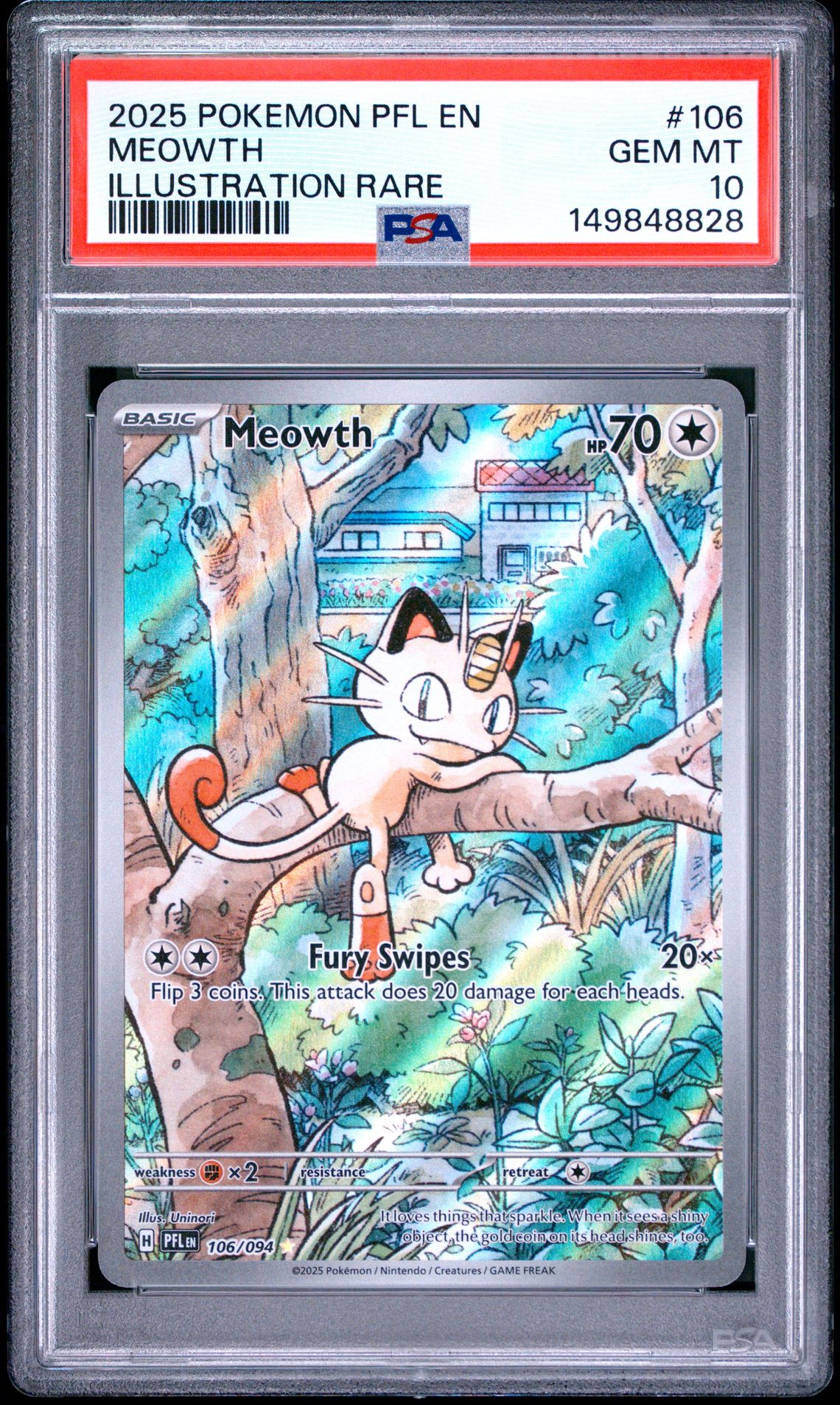 2025 Pokemon Pfl En-Phantasmal Flames Meowth #106 (Illustration Rare) Gem Mt 10 front view - PSA graded GEM MT 10