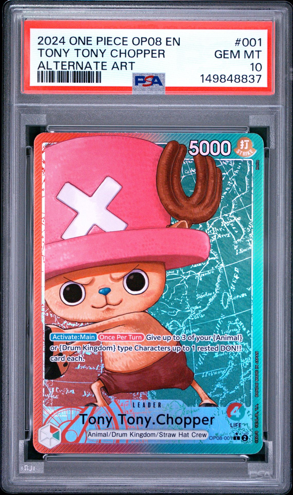 2024 One Piece Op08-Two Legends Tony Tony Chopper #001 (Alternate Art) Gem Mt 10 front view - PSA graded GEM MT 10