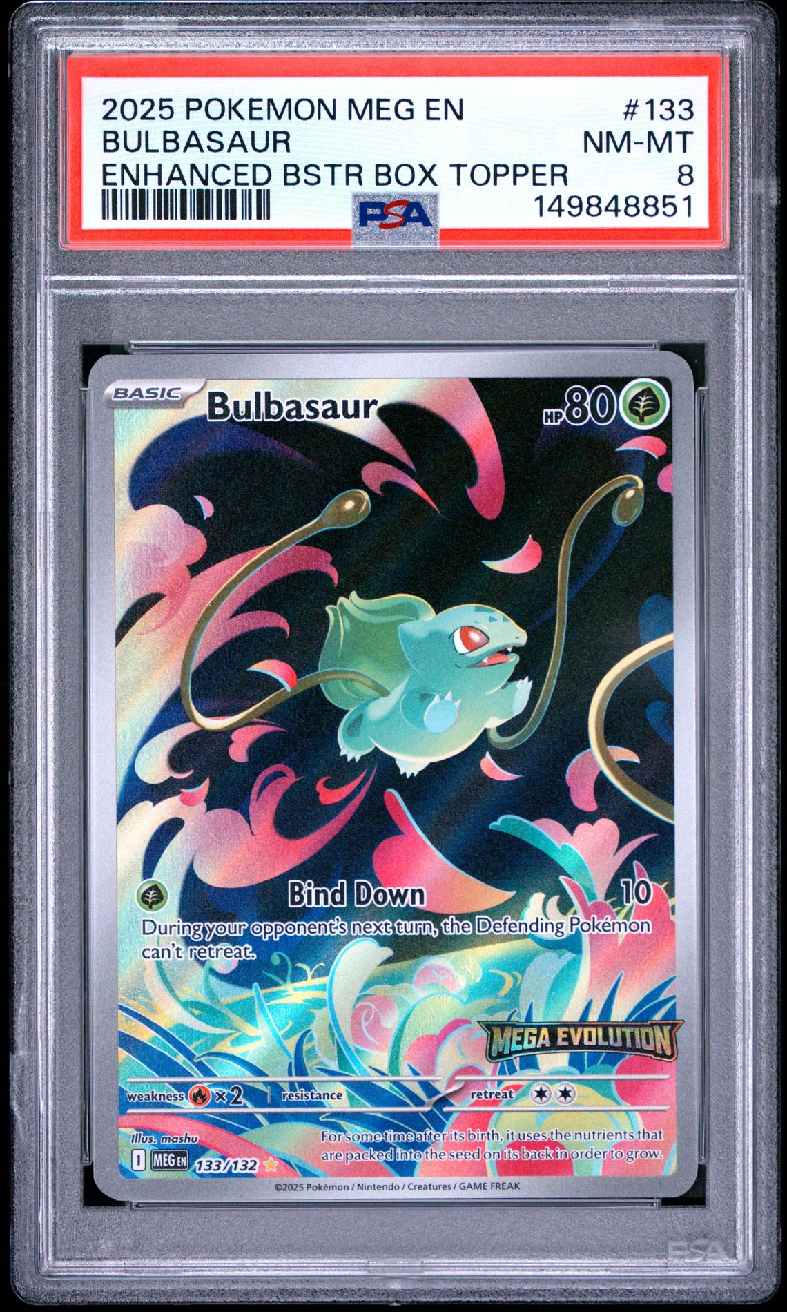 2025 Pokemon Meg En-Mega Evolution Bulbasaur #133 (Enhanced Bstr Box Topper) Nm-Mt 8 front