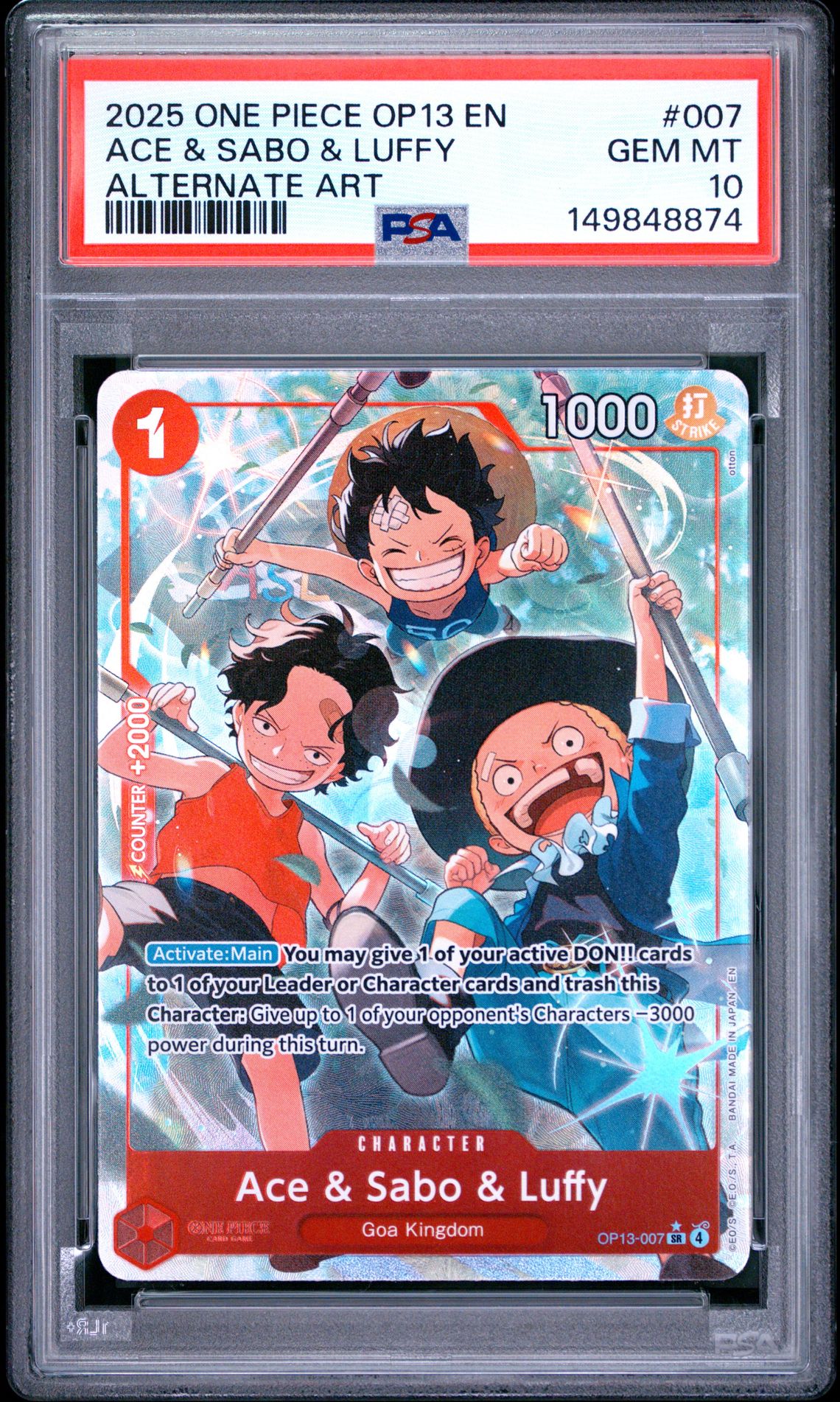 2025 One Piece Op13-Carrying On His Will Ace & Sabo & Luffy #007 (Alternate Art) Gem Mt 10 front