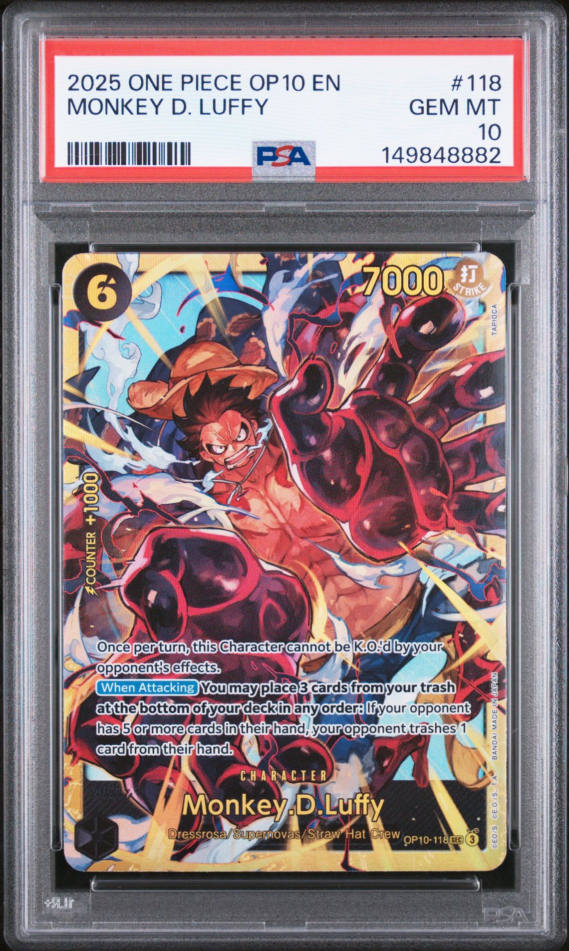 2025 ONE PIECE OP10-ROYAL BLOOD MONKEY D. LUFFY  118 GEM MT 10 front