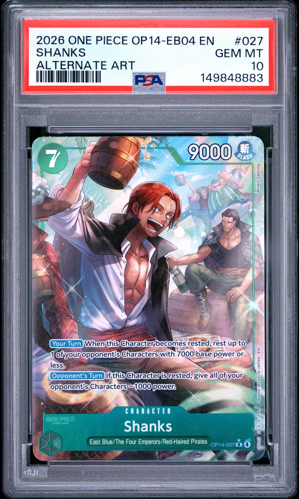 2026 One Piece Op14-Eb04-The Azure Sea's Seven Shanks #027 (Alternate Art) Gem Mt 10 front view - PSA graded GEM MT 10