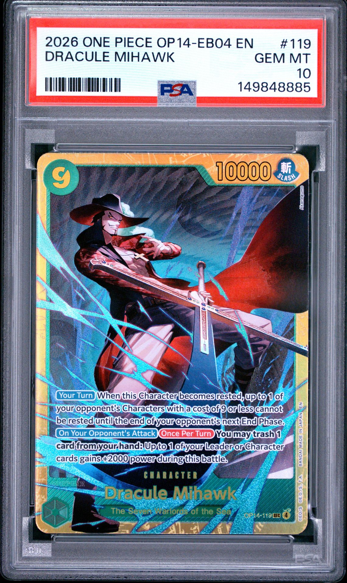 2026 One Piece Op14-Eb04-The Azure Sea's Seven Dracule Mihawk #119 Gem Mt 10 front
