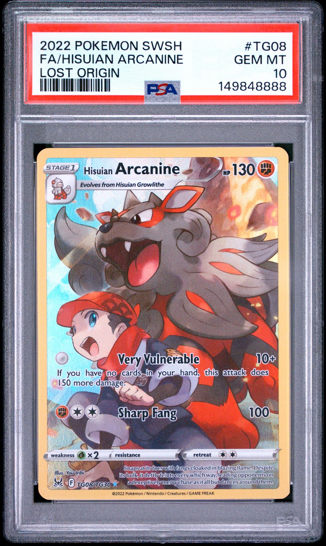 2022 Pokemon Sword & Shield Lost Origin Fa/Hisuian Arcanine #Tg08 (Lost Origin) Gem Mt 10 front view - PSA graded GEM MT 10