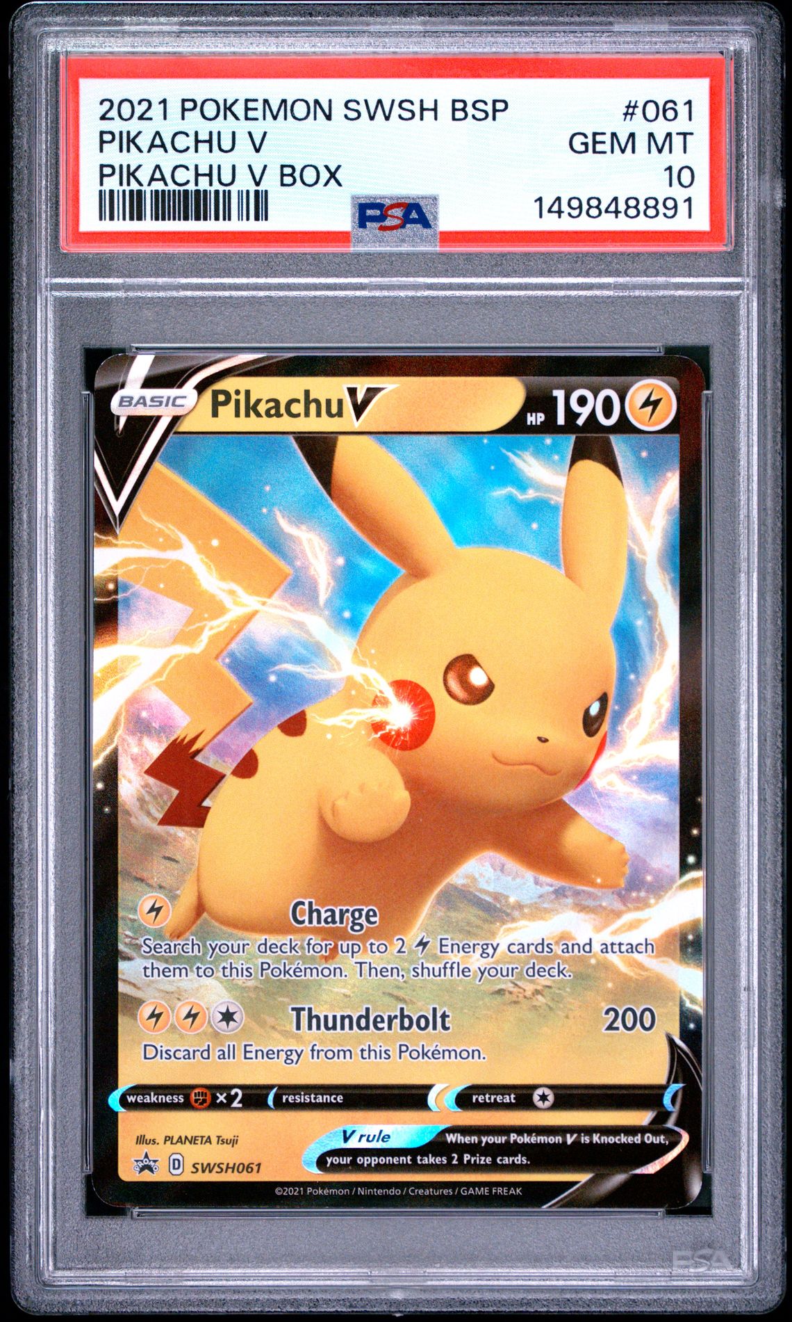 2021 Pokemon Swsh Black Star Promo Pikachu V #061 (Pikachu V Box) Gem Mt 10 front view - PSA graded GEM MT 10