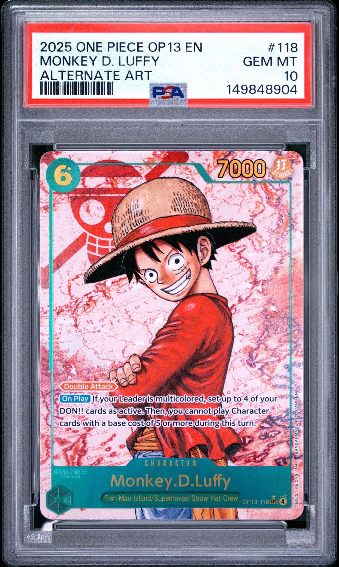 2025 One Piece Op13-Carrying On His Will Monkey D. Luffy #118 (Alternate Art) Gem Mt 10 front view - PSA graded GEM MT 10