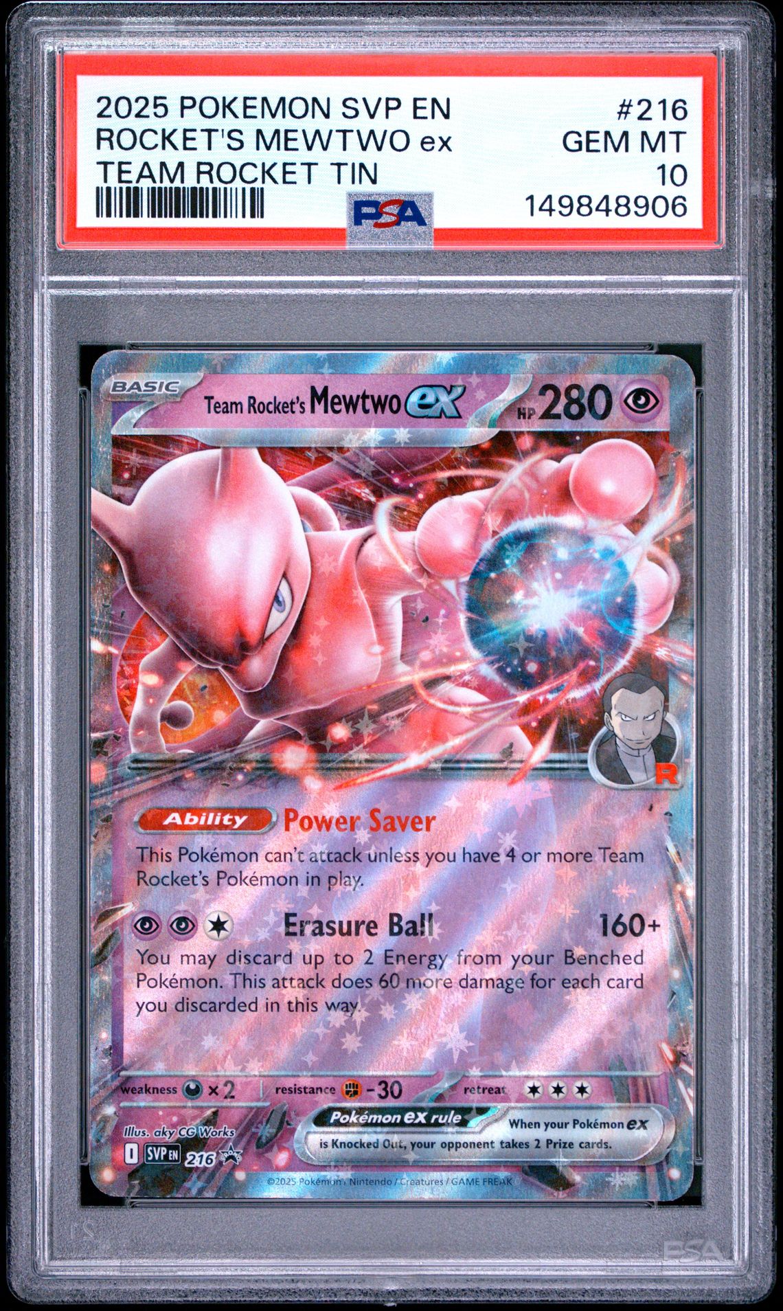 2025 Pokemon Svp En-Sv Black Star Promo Rocket's Mewtwo Ex #216 (Team Rocket Tin) Gem Mt 10 front view - PSA graded GEM MT 10