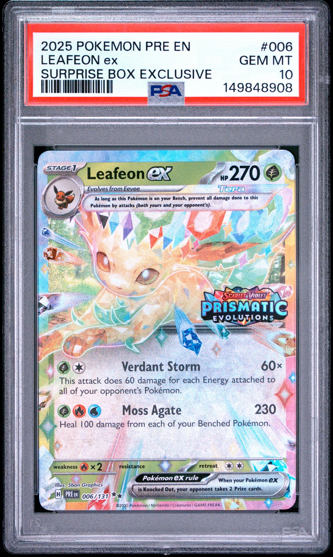 2025 Pokemon Pre En-Prismatic Evolutions Leafeon Ex #006 (Surprise Box Exclusive) Gem Mt 10 front