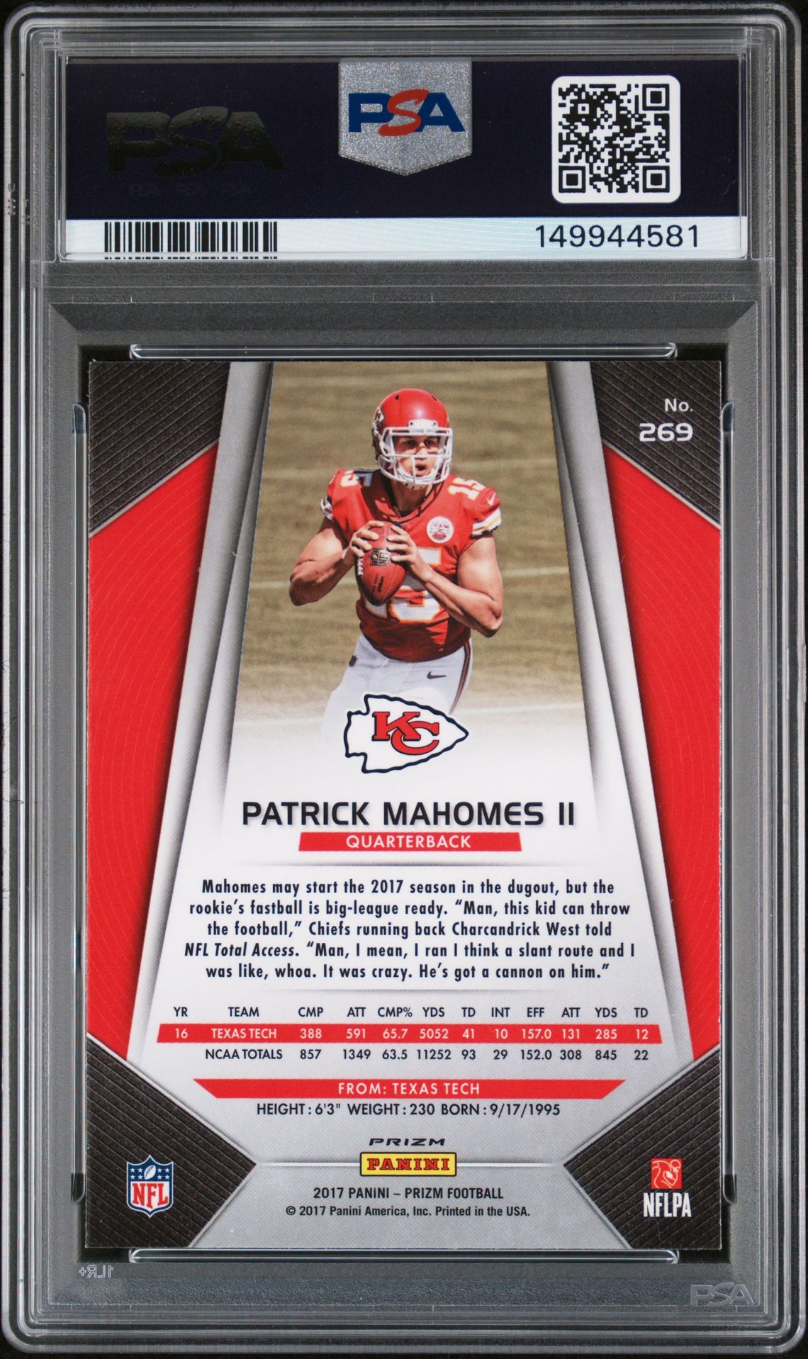 2017 Panini Prizm Patrick Mahomes Ii #269 (Prizm) Mint 9 back
