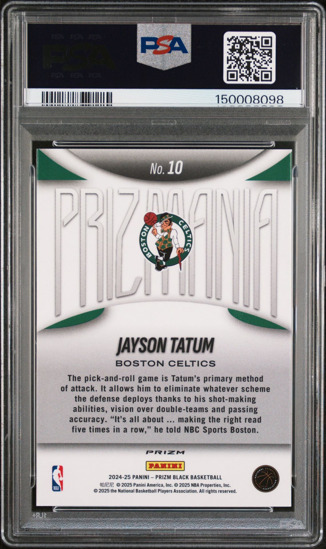 2024 Panini Prizm Black Prizmania Jayson Tatum #10 Gem Mt 10 back view - PSA certificate #150008098
