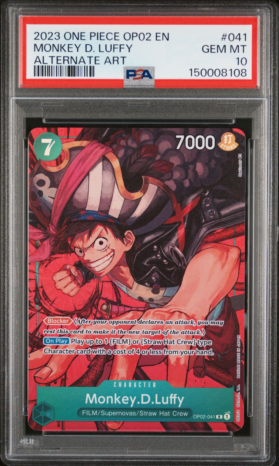 2023 ONE PIECE OP02-PARAMOUNT WAR MONKEY D. LUFFY ALTERNATE ART 041 GEM MT 10 front