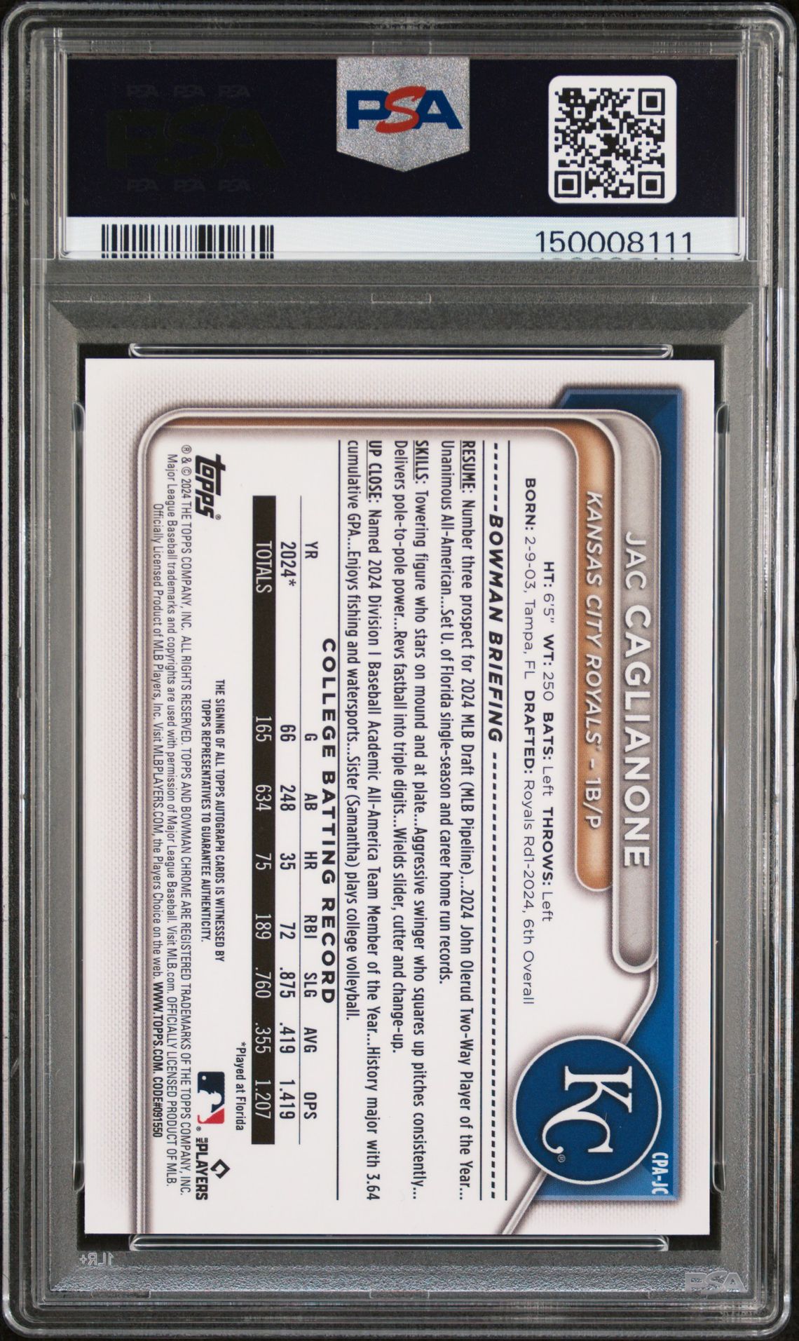 2024 Bowman Draft Chrome Prospect Autographs Jac Caglianone #Cpajc (Chr Prospect Au-Hta Choice) Mint 9 back