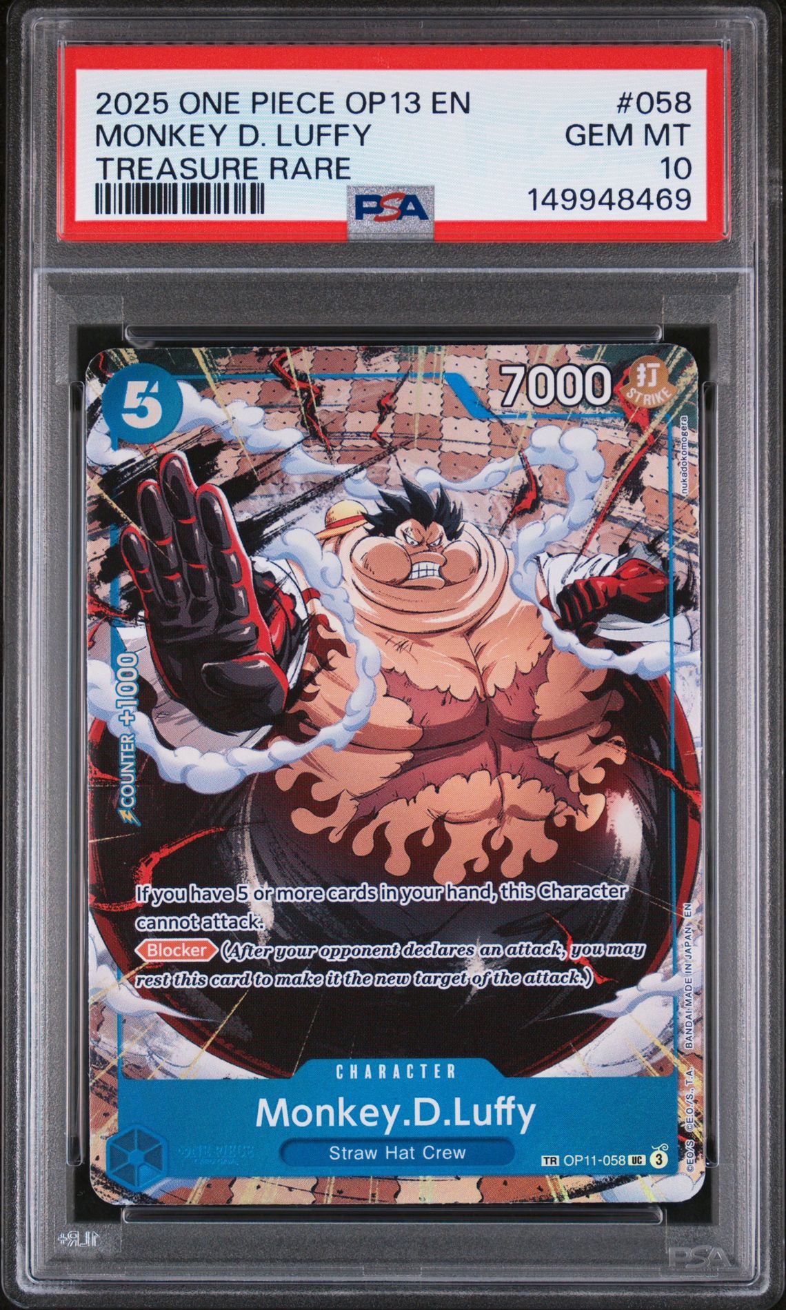 2025 ONE PIECE OP13-CARRYING ON HIS WILL MONKEY D. LUFFY TREASURE RARE 058 GEM MT 10 front