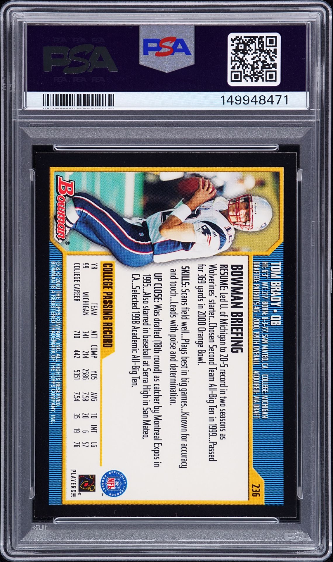 2000 Bowman Tom Brady #236 Mint 9 back