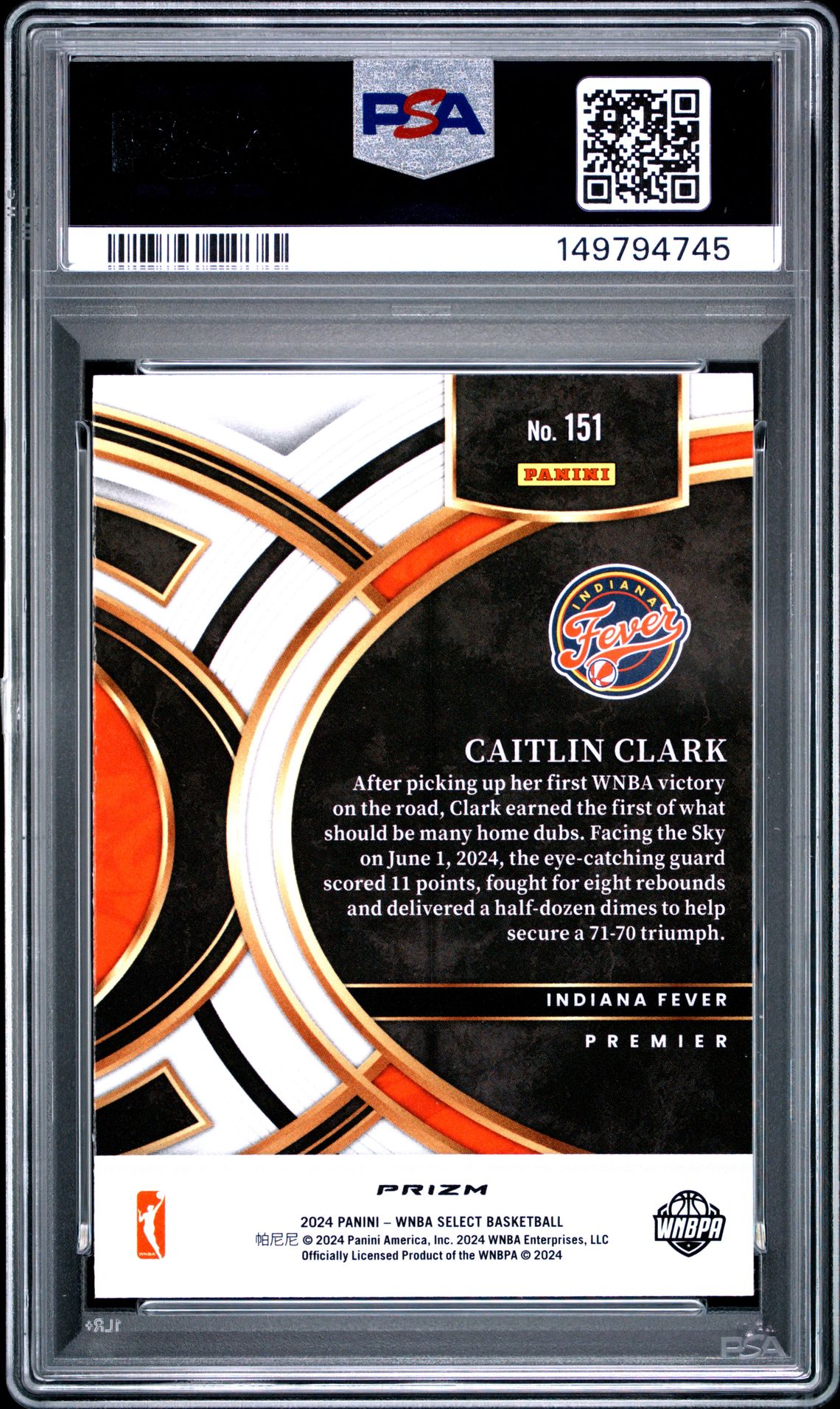 2024 Panini Select Wnba Caitlin Clark #151 (Pink Ice) Gem Mt 10 back