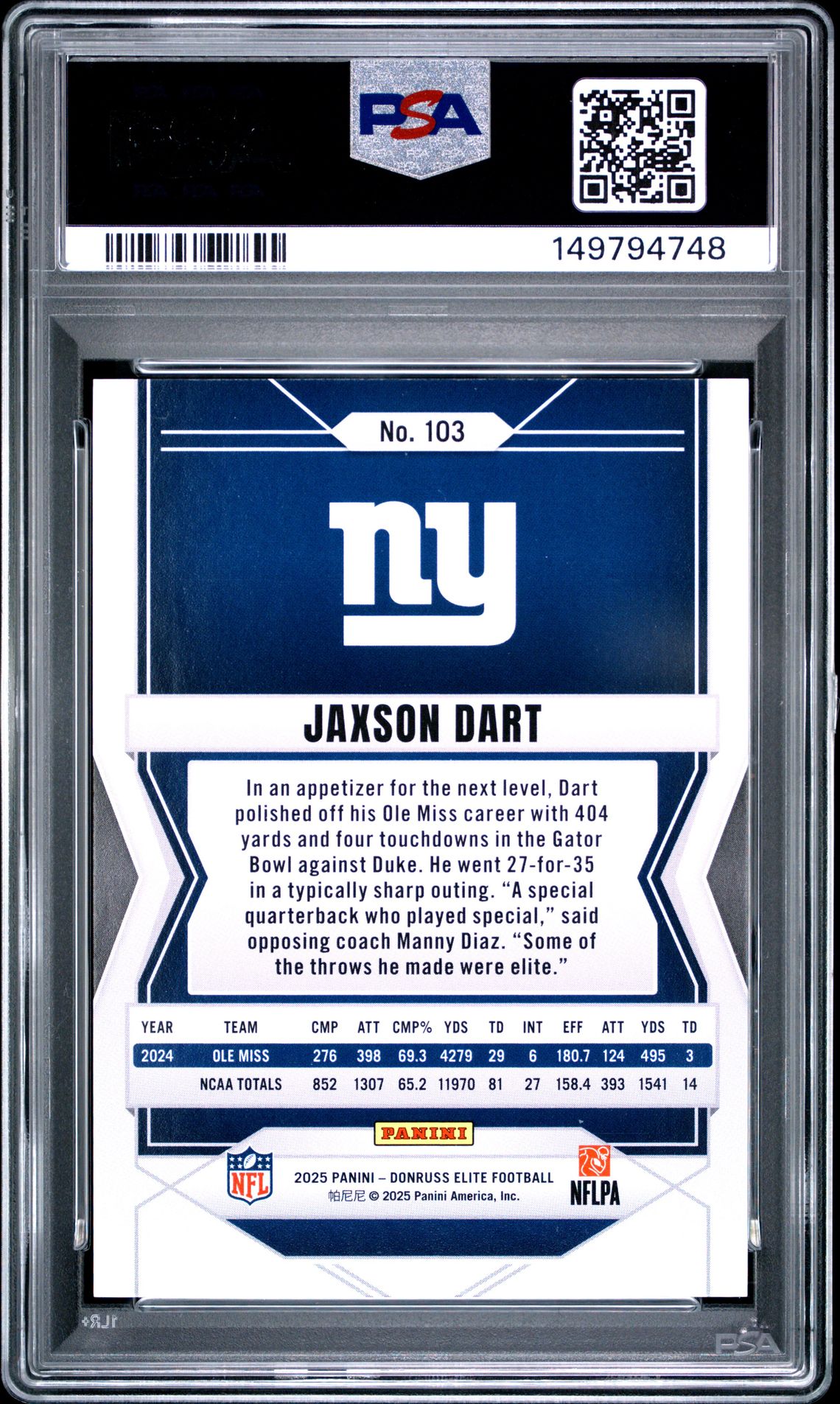 2025 PANINI DONRUSS ELITE JAXSON DART STATUS METALLIC ORANGE 103 GEM MT 10 back