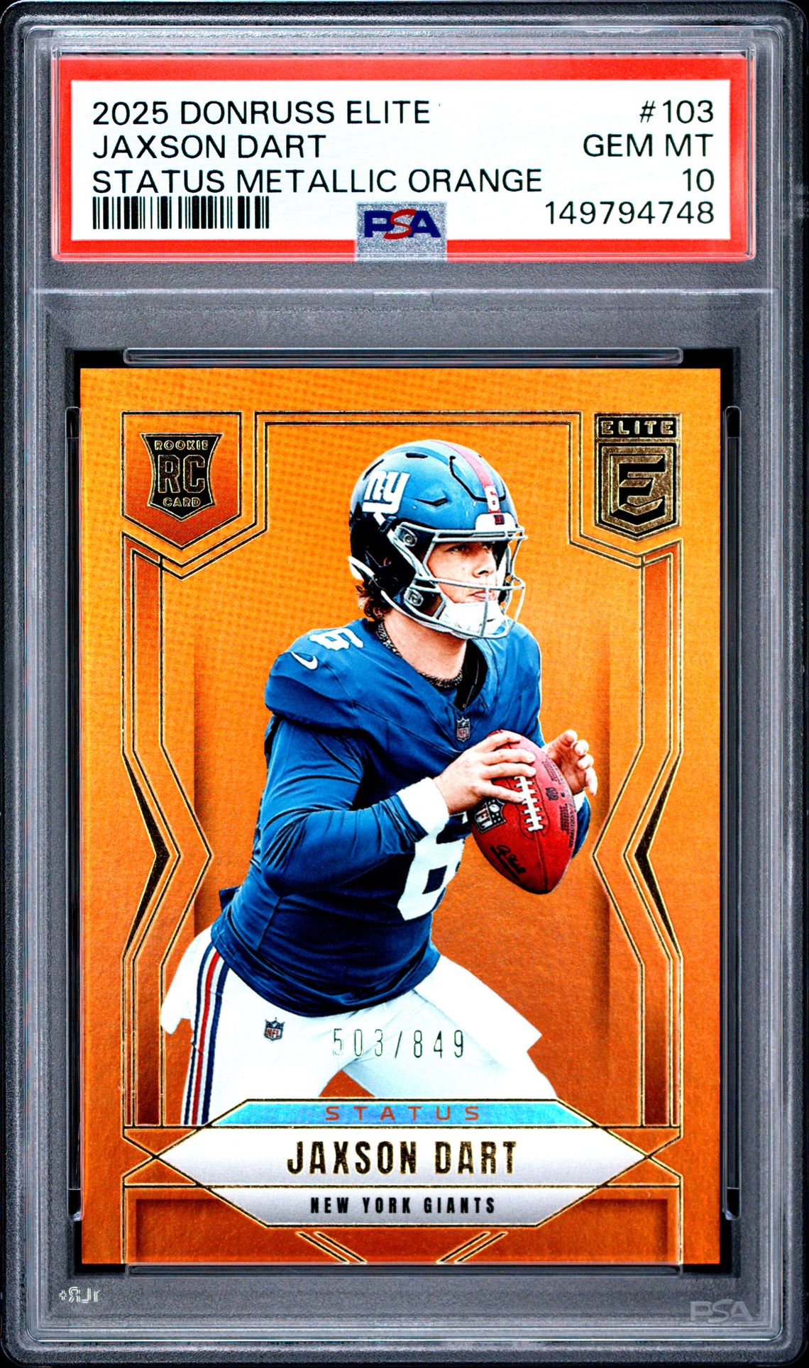 2025 PANINI DONRUSS ELITE JAXSON DART STATUS METALLIC ORANGE 103 GEM MT 10 front