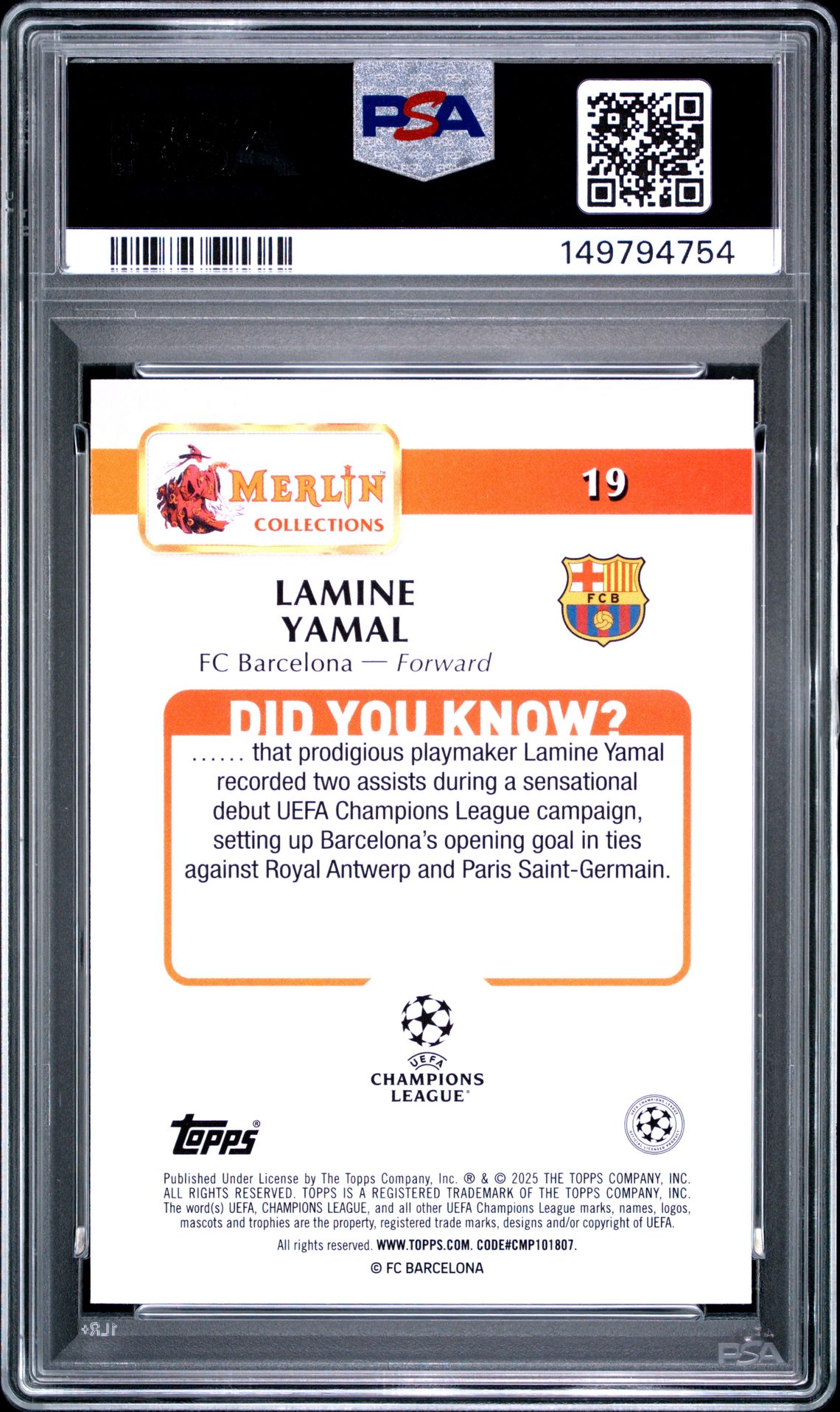 2024-2025 Topps Merlin Uefa Club Competitions Lamine Yamal #19 (Pink Atomic) Gem Mt 10 back