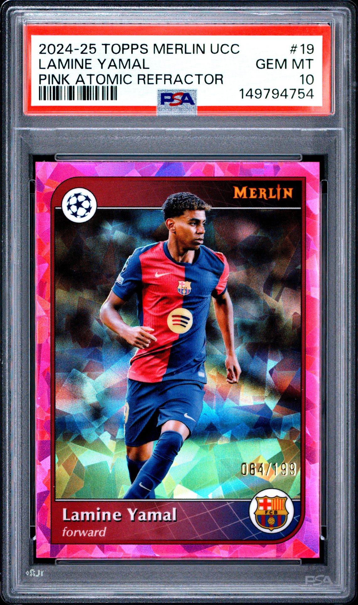 2024-2025 Topps Merlin Uefa Club Competitions Lamine Yamal #19 (Pink Atomic) Gem Mt 10 front