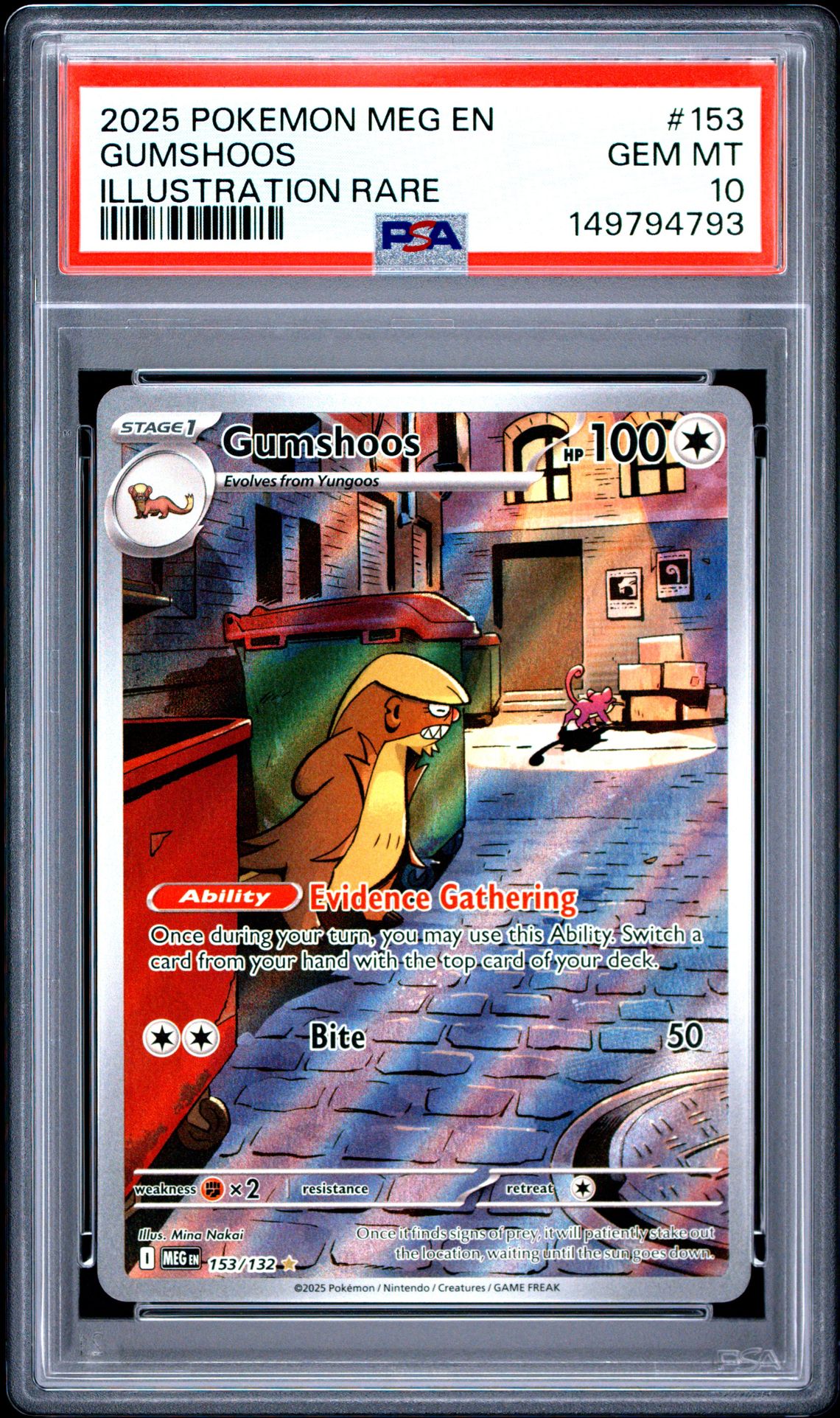 2025 Pokemon Meg En-Mega Evolution Gumshoos #153 (Illustration Rare) Gem Mt 10 front