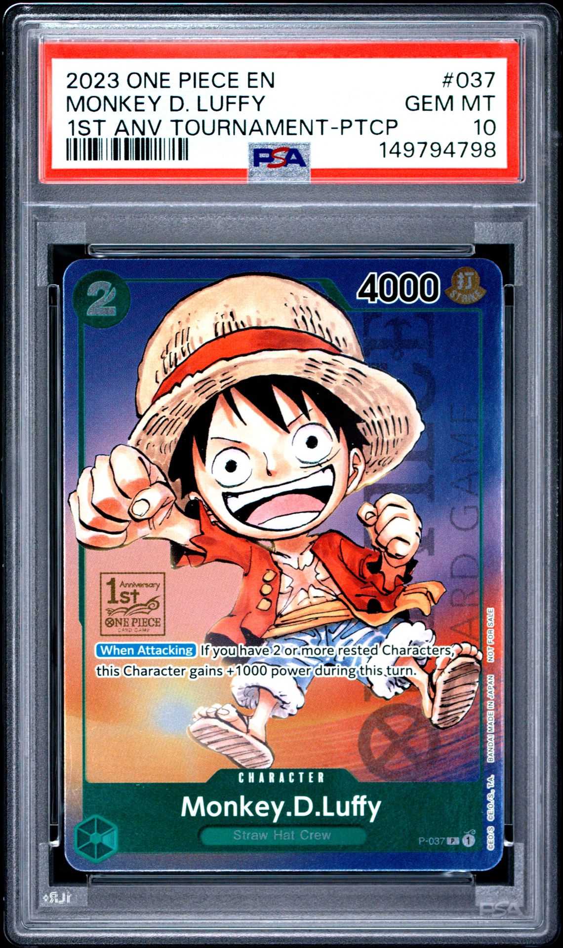 2023 One Piece Promos Monkey D. Luffy #037 (1St Anv Tournament-Ptcp) Gem Mt 10 front