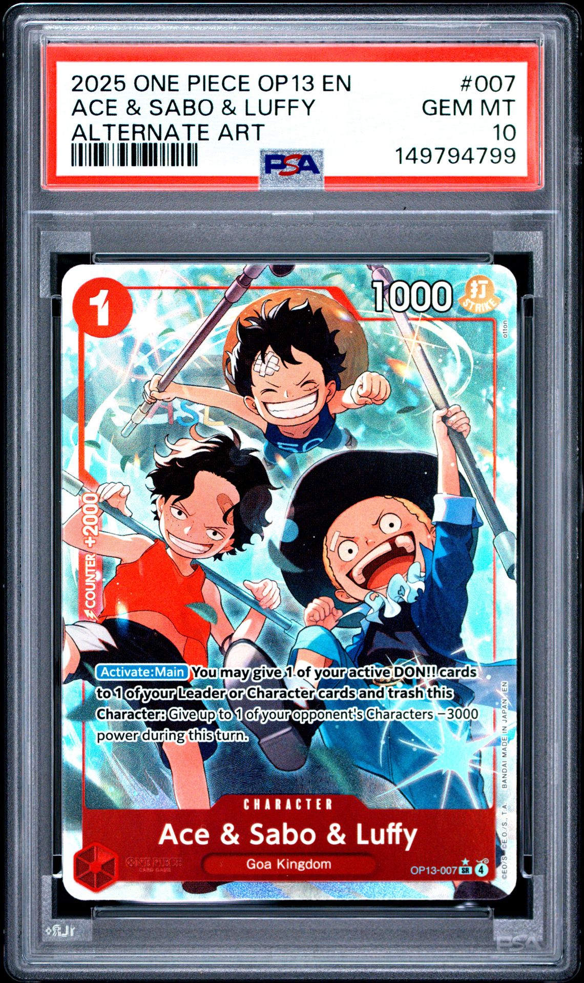 2025 One Piece Op13-Carrying On His Will Ace & Sabo & Luffy #007 (Alternate Art) Gem Mt 10 front