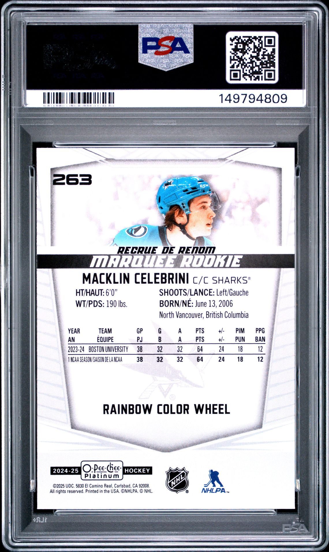 2024 Upper Deck O-Pee-Chee Platinum Macklin Celebrini #263 (Rainbow Color Wheel) Gem Mt 10 back view - PSA certificate #149794809