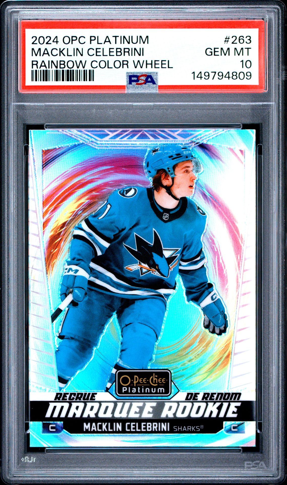 2024 Upper Deck O-Pee-Chee Platinum Macklin Celebrini #263 (Rainbow Color Wheel) Gem Mt 10 front view - PSA graded GEM MT 10
