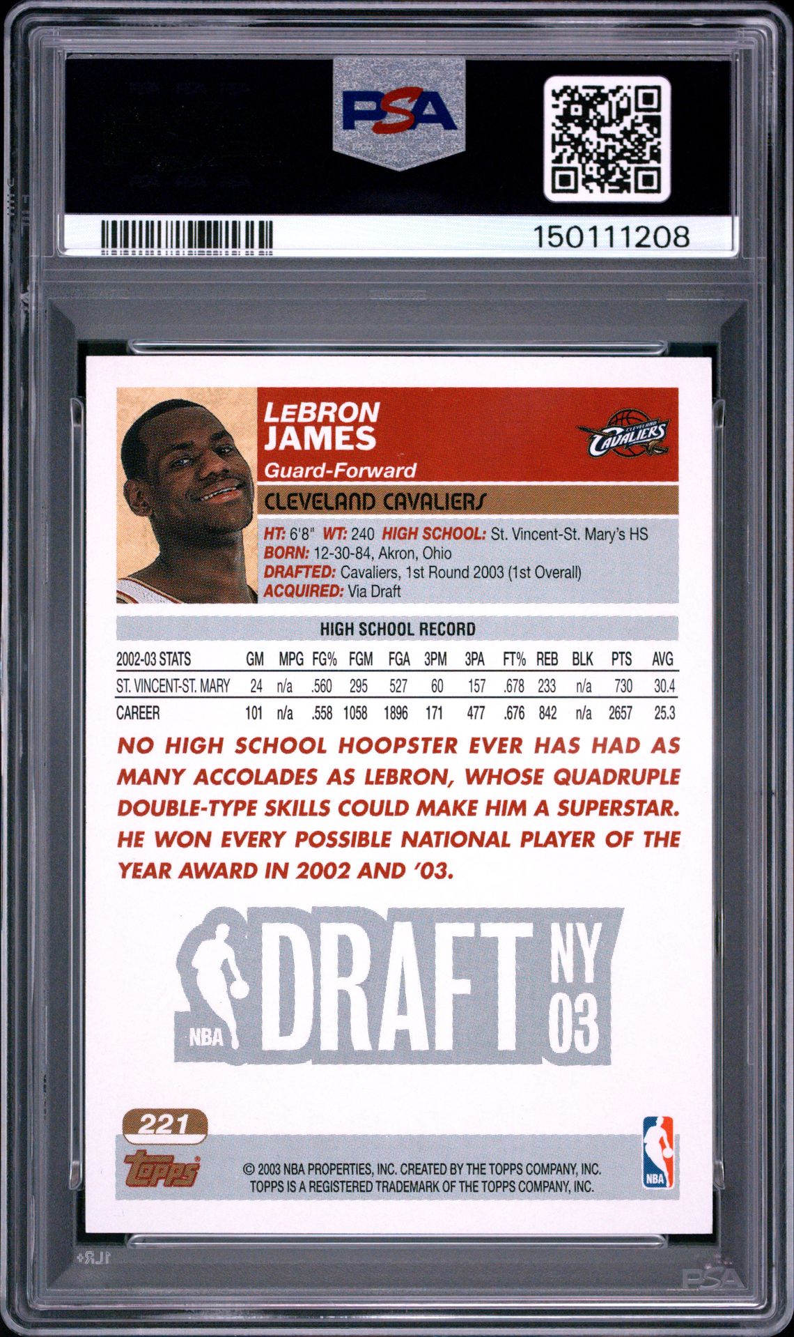 2003 Topps Lebron James #221 Nm-Mt 8 back