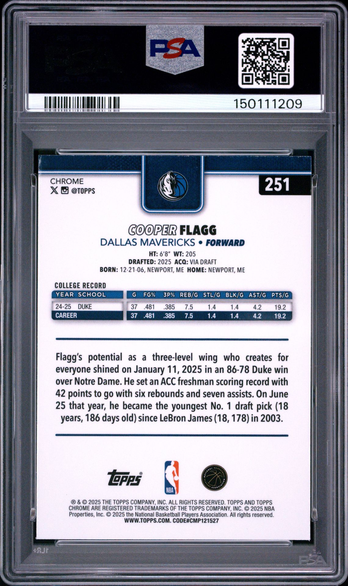 2025 Topps Chrome Cooper Flagg #251 (Pulsar) Mint 9 back