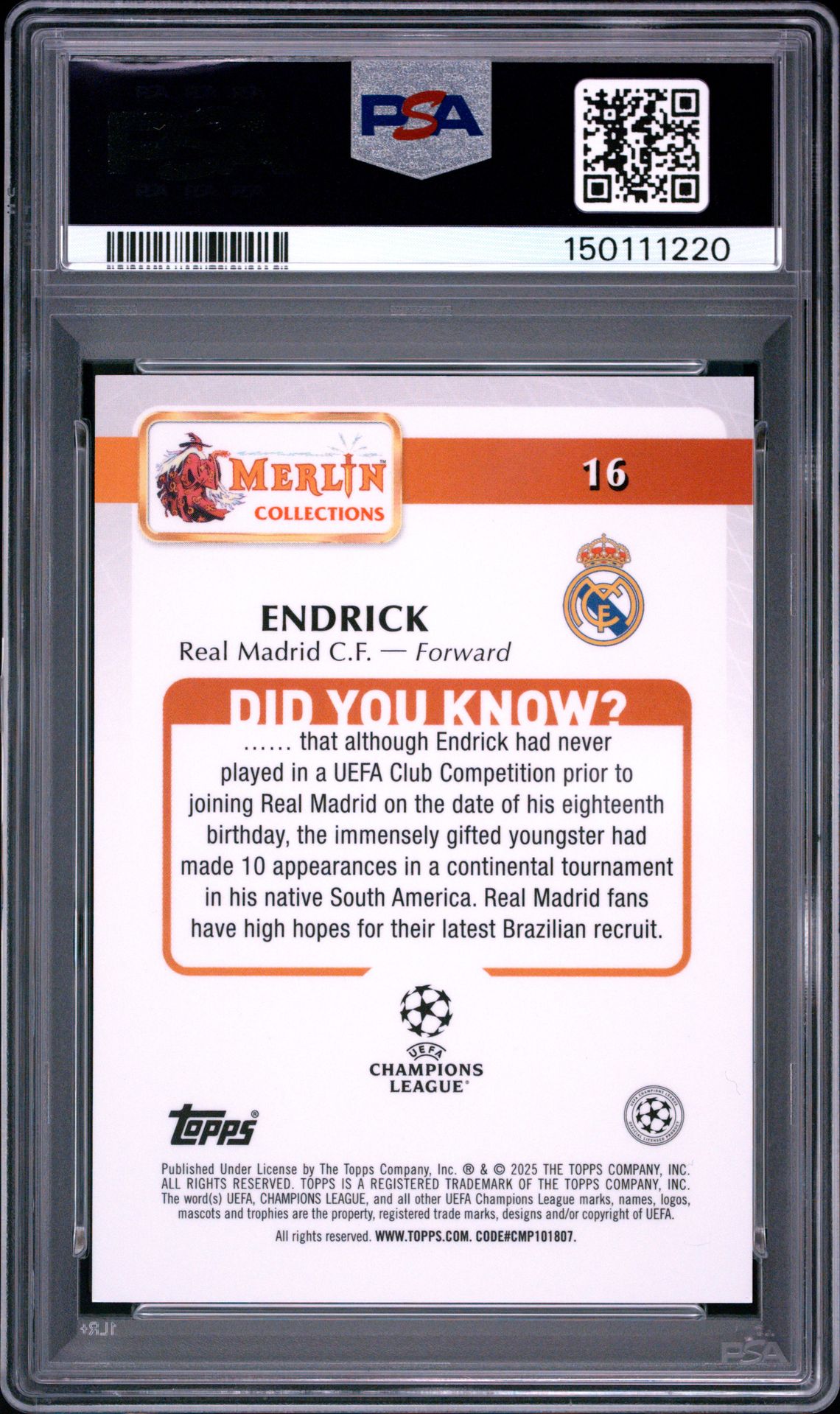 2024-2025 Topps Merlin Uefa Club Competitions Endrick #16 (Gold Speckle) Mint 9 back