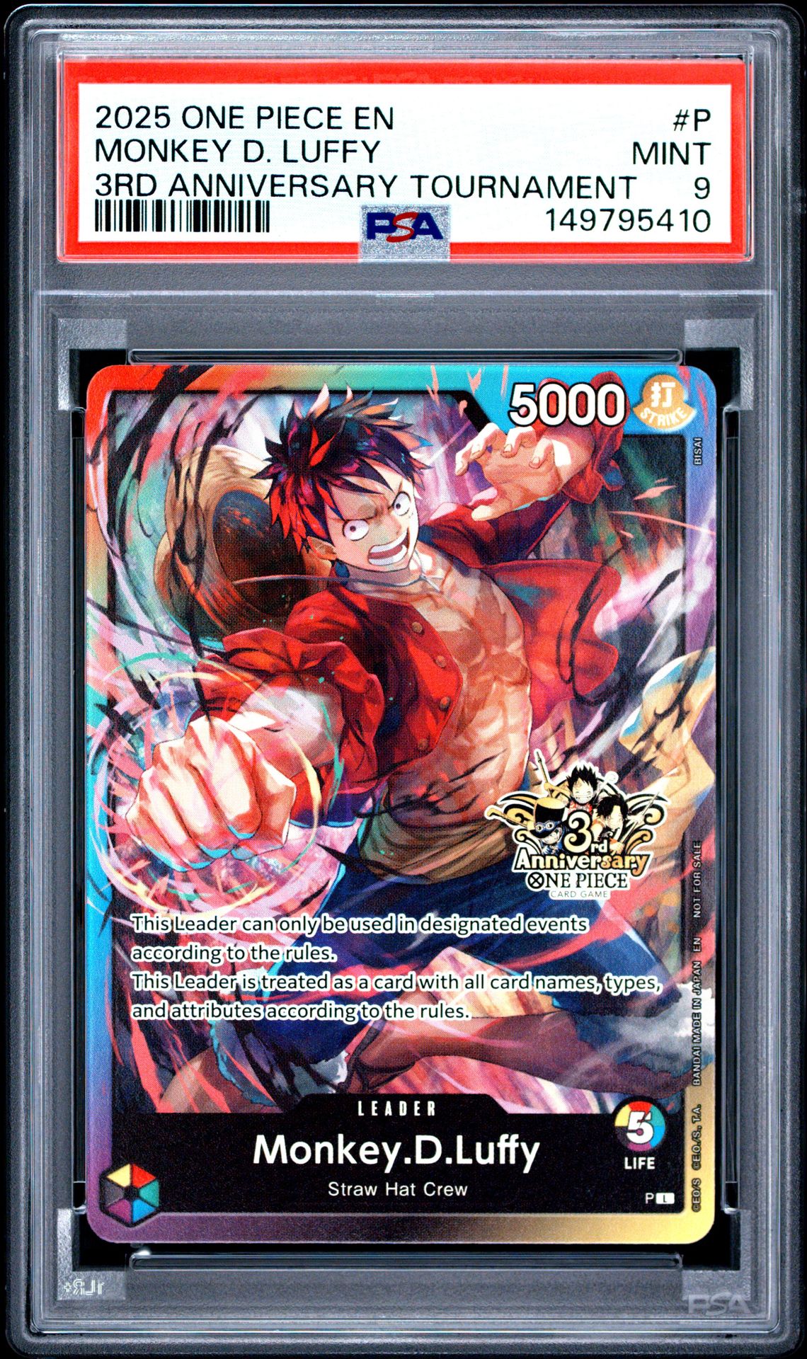 2025 One Piece Promos Monkey D. Luffy #P (3Rd Anniversary Tournament) Mint 9 front