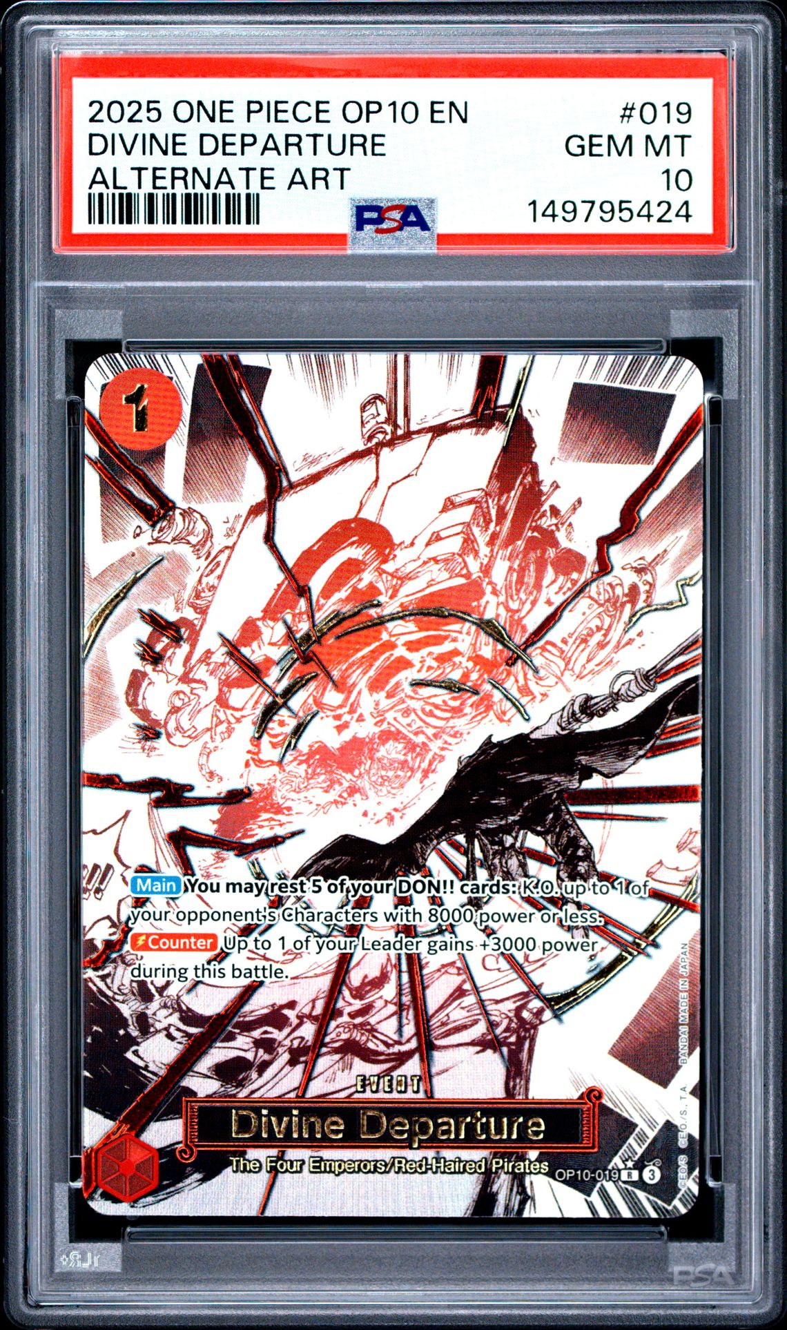 2025 One Piece Op10-Royal Blood Divine Departure #019 (Alternate Art) Gem Mt 10 front view - PSA graded GEM MT 10