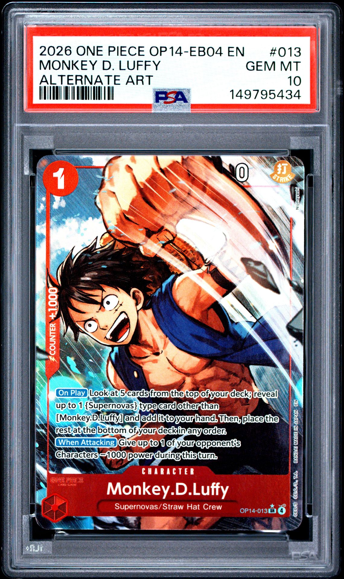 2026 One Piece Op14-Eb04-The Azure Sea's Seven Monkey D. Luffy #013 (Alternate Art) Gem Mt 10 front view - PSA graded GEM MT 10