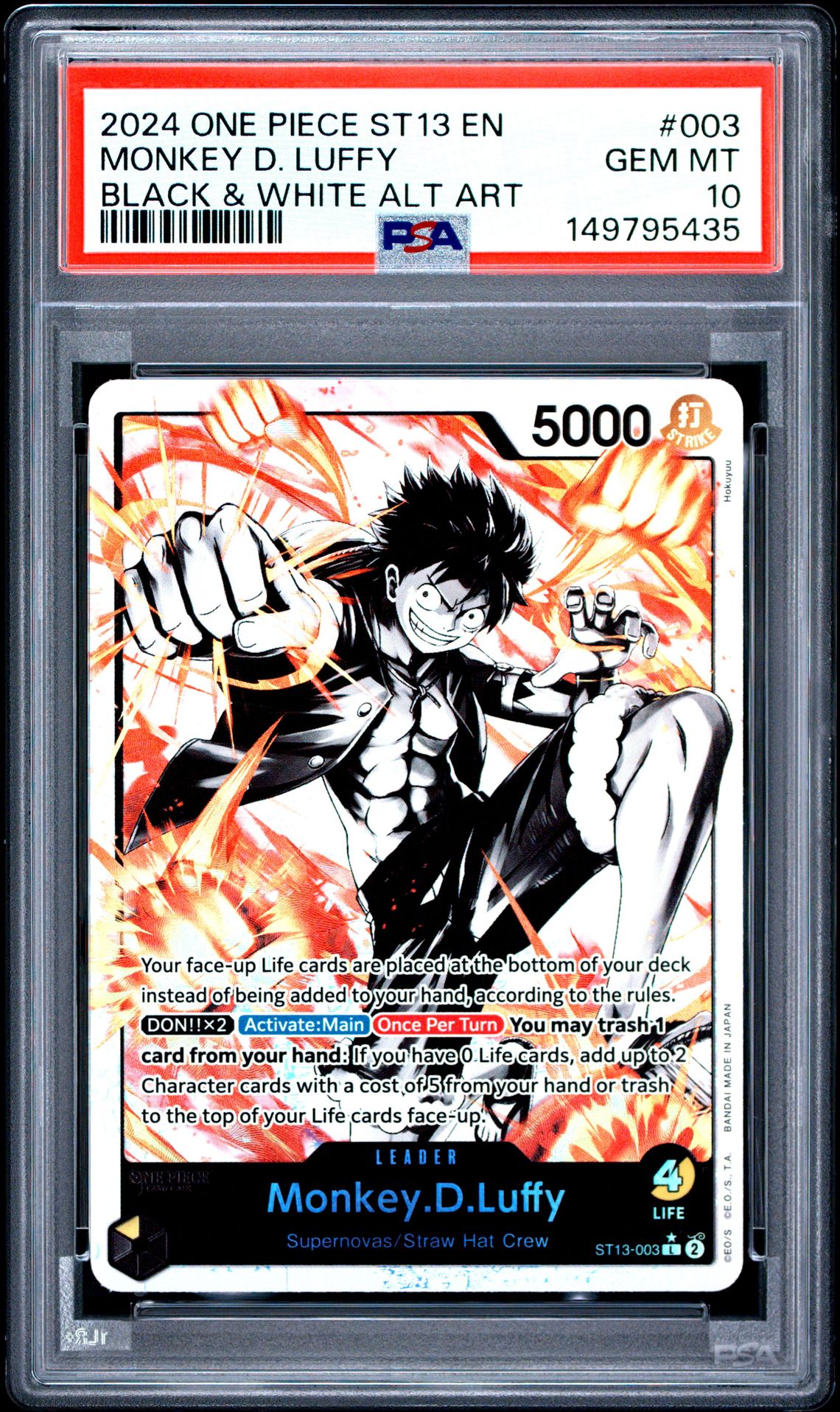2024 One Piece Ultra Deck St13-The Three Brothers Monkey D. Luffy #003 (Black & White Alt Art) Gem Mt 10 front view - PSA graded GEM MT 10