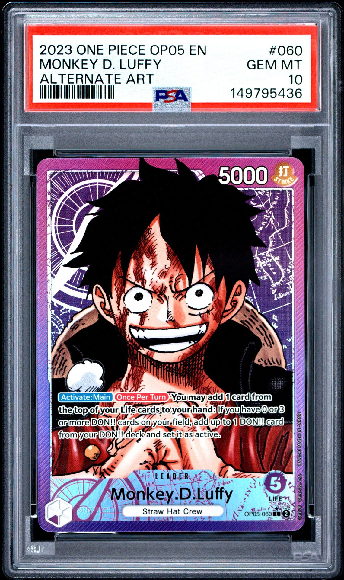 2023 ONE PIECE OP05-AWAKENING OF THE NEW ERA MONKEY D. LUFFY ALTERNATE ART 060 GEM MT 10 front