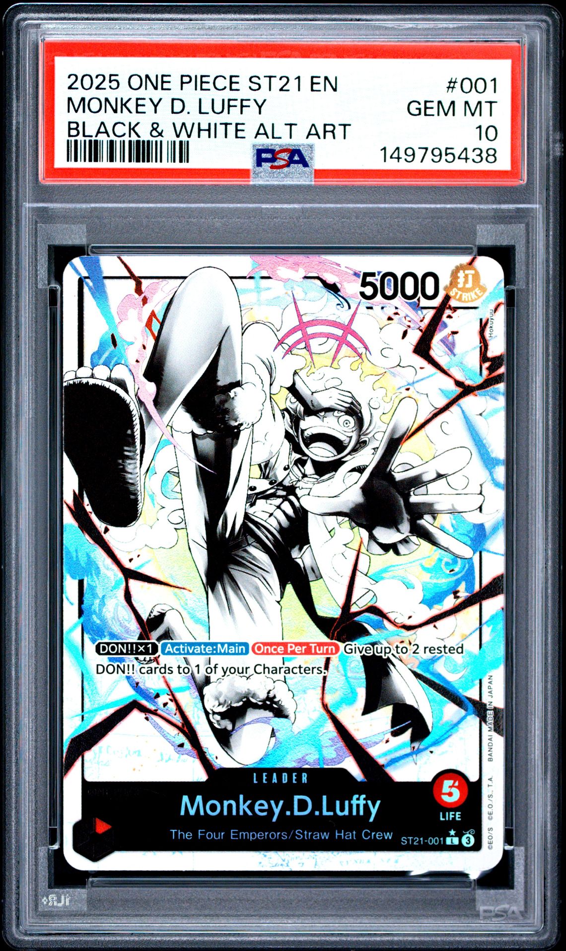 2025 One Piece Starter Deck St21-Ex Gear 5 Monkey D. Luffy #001 (Black & White Alt Art) Gem Mt 10 front view - PSA graded GEM MT 10