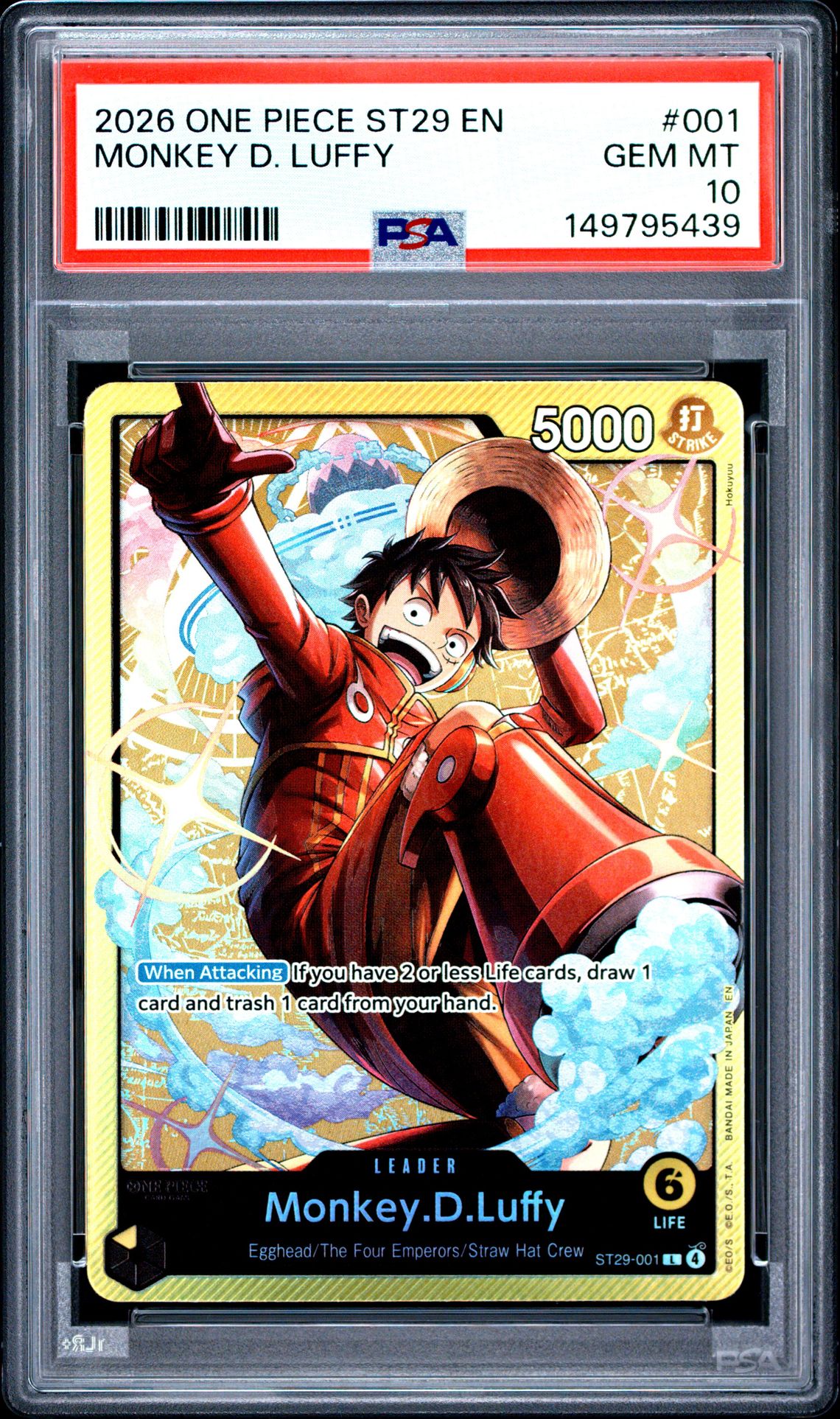 2026 One Piece Starter Deck St29-Egghead Monkey D. Luffy #001 Gem Mt 10 front view - PSA graded GEM MT 10