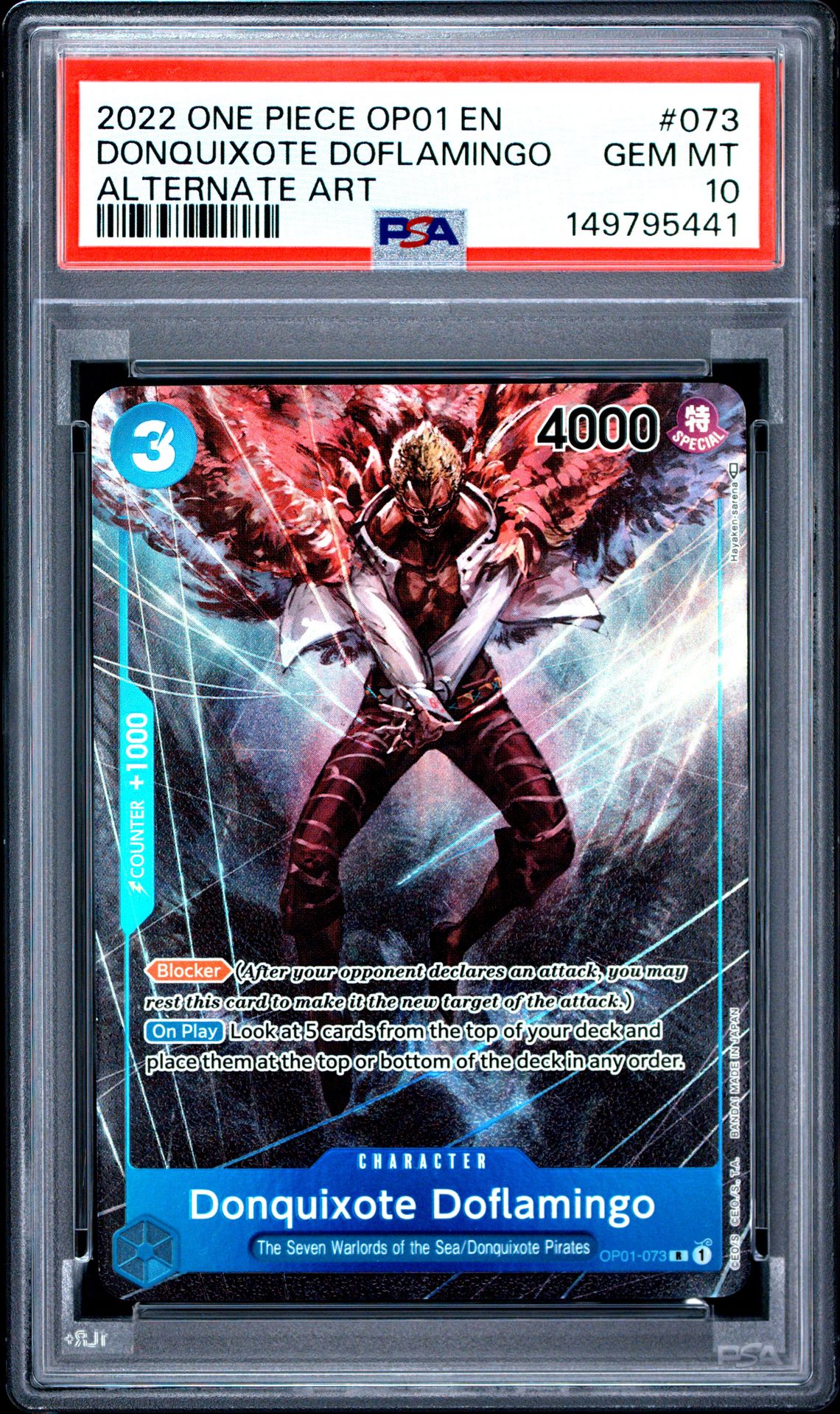 2022 One Piece Op01-Romance Dawn Donquixote Doflamingo #073 (Alternate Art) Gem Mt 10 front view - PSA graded GEM MT 10