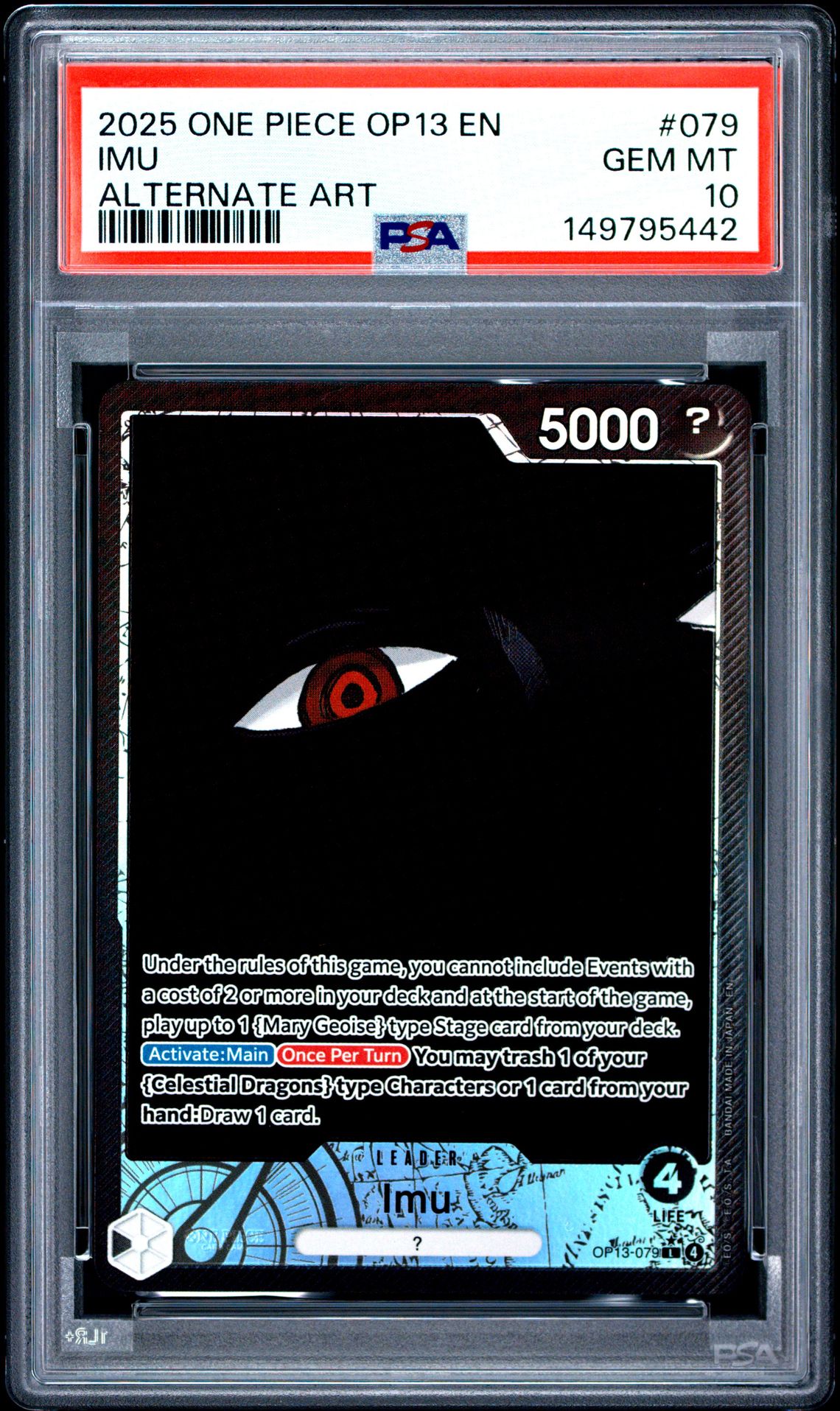 2025 One Piece Op13-Carrying On His Will Imu #079 (Alternate Art) Gem Mt 10 front view - PSA graded GEM MT 10