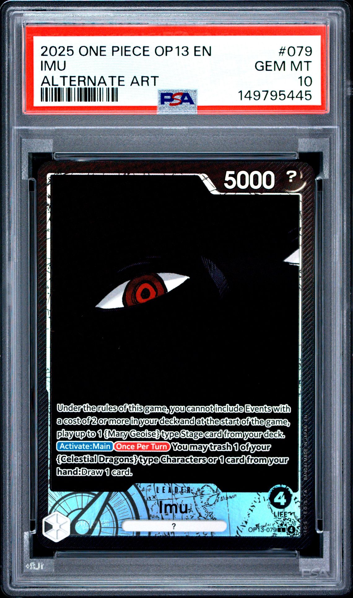 2025 One Piece Op13-Carrying On His Will Imu #079 (Alternate Art) Gem Mt 10 front view - PSA graded GEM MT 10