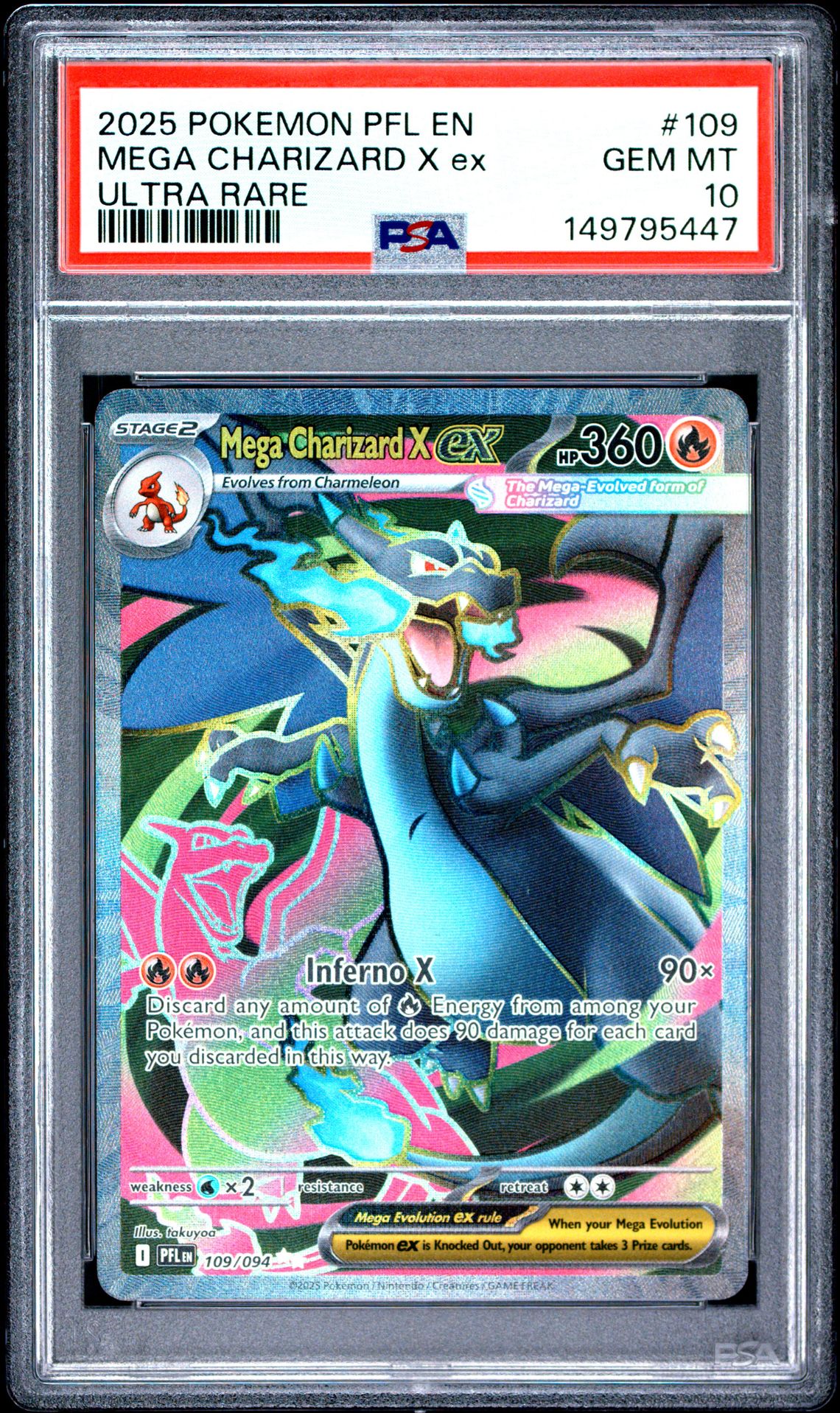2025 Pokemon Pfl En-Phantasmal Flames Mega Charizard X Ex #109 (Ultra Rare) Gem Mt 10 front view - PSA graded GEM MT 10