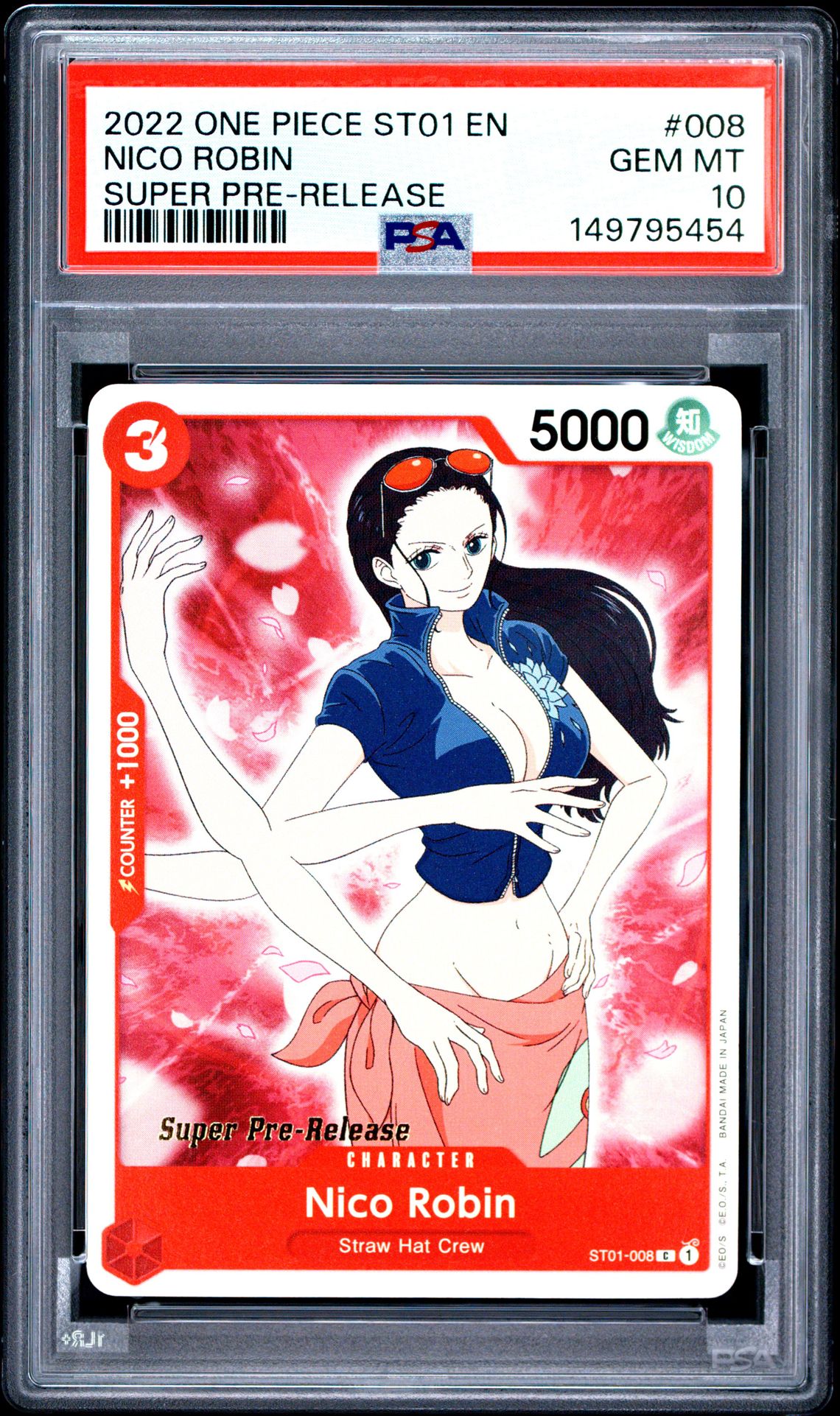 2022 One Piece Starter Deck St01-Straw Hat Crew Nico Robin #008 (Super Pre-Release) Gem Mt 10 front view - PSA graded GEM MT 10