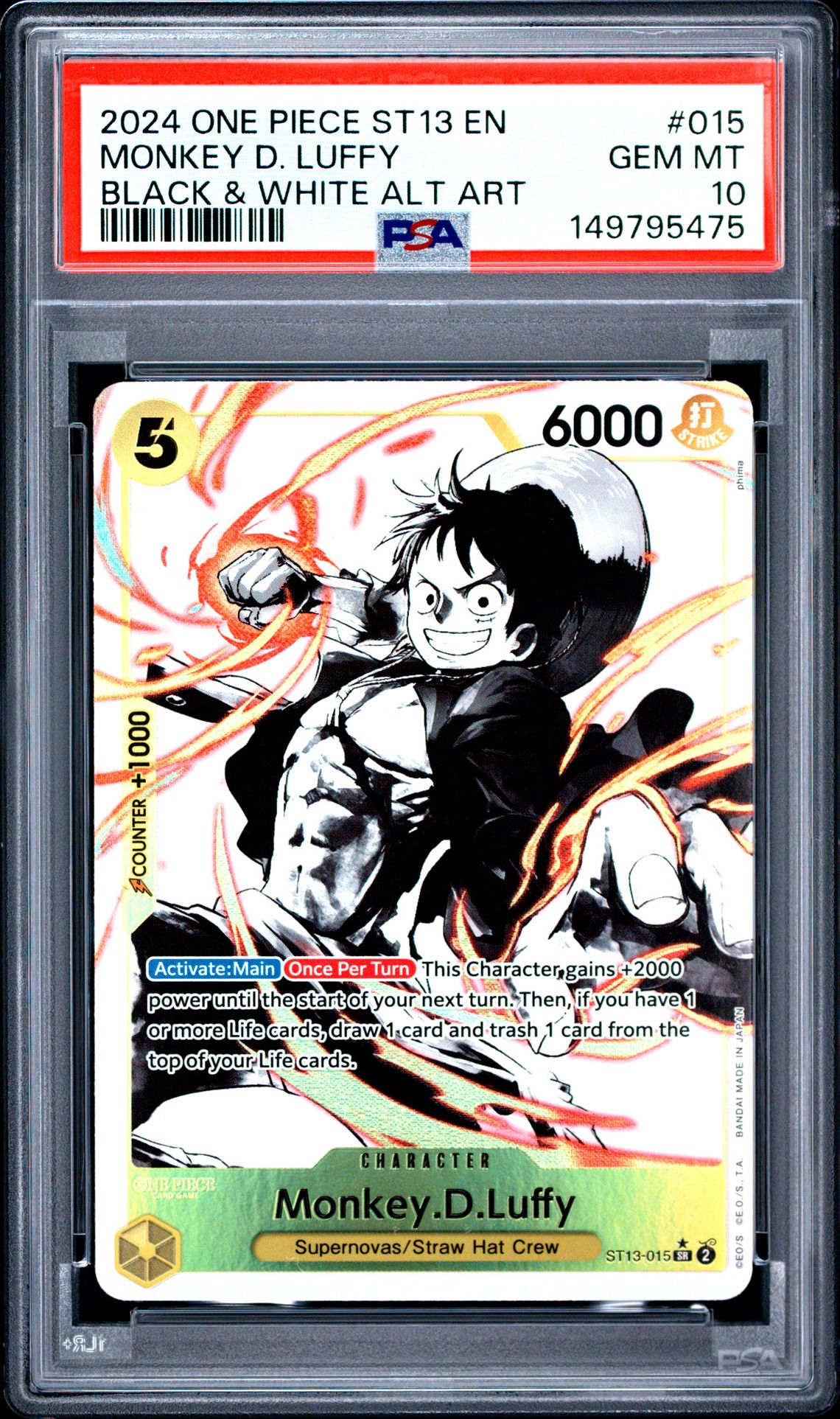 2024 One Piece Ultra Deck St13-The Three Brothers Monkey D. Luffy #015 (Black & White Alt Art) Gem Mt 10 front