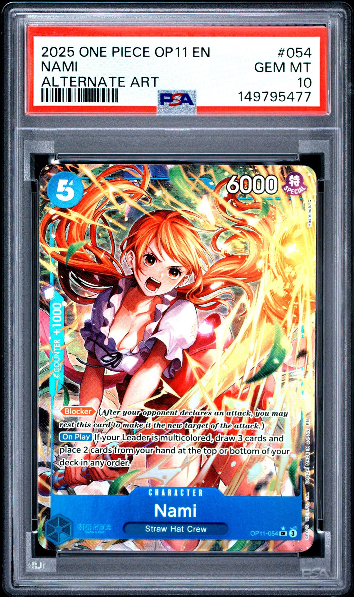2025 One Piece Op11-A Fist Of Divine Speed Nami #054 (Alternate Art) Gem Mt 10 front view - PSA graded GEM MT 10