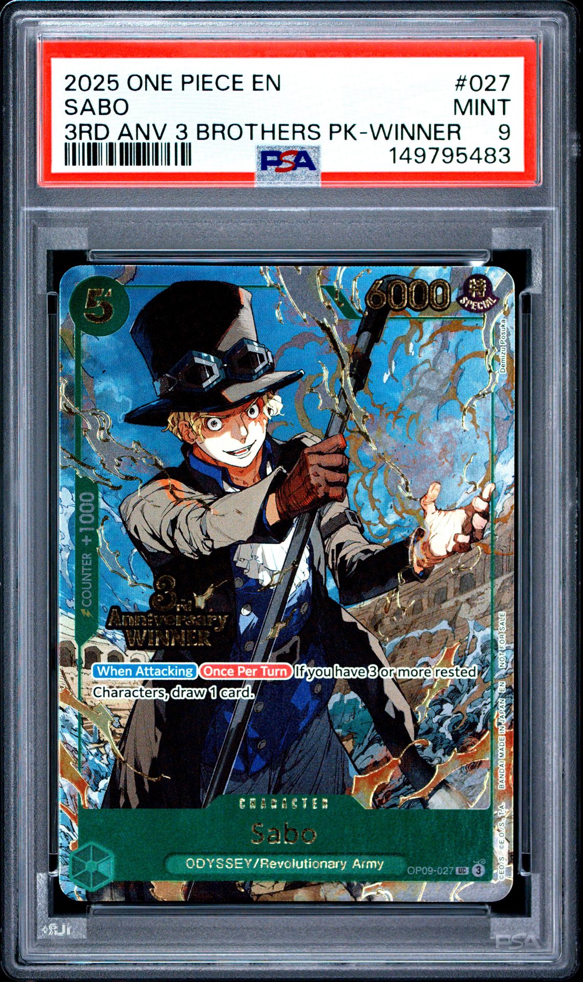2025 One Piece 3Rd Anniversary Tournament 3 Brothers Pack Sabo #027 (3Rd Anv 3 Brothers Pk-Winner) Mint 9 front