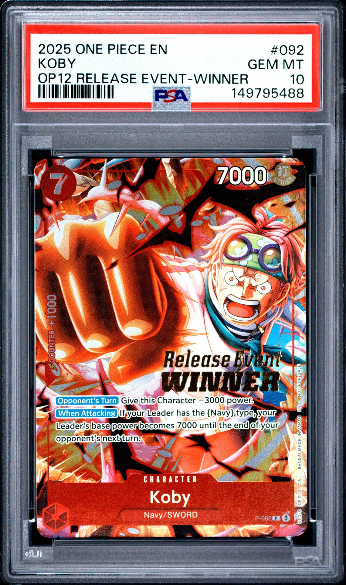 2025 One Piece Promos Koby #092 (Op12 Release Event-Winner) Gem Mt 10 front view - PSA graded GEM MT 10