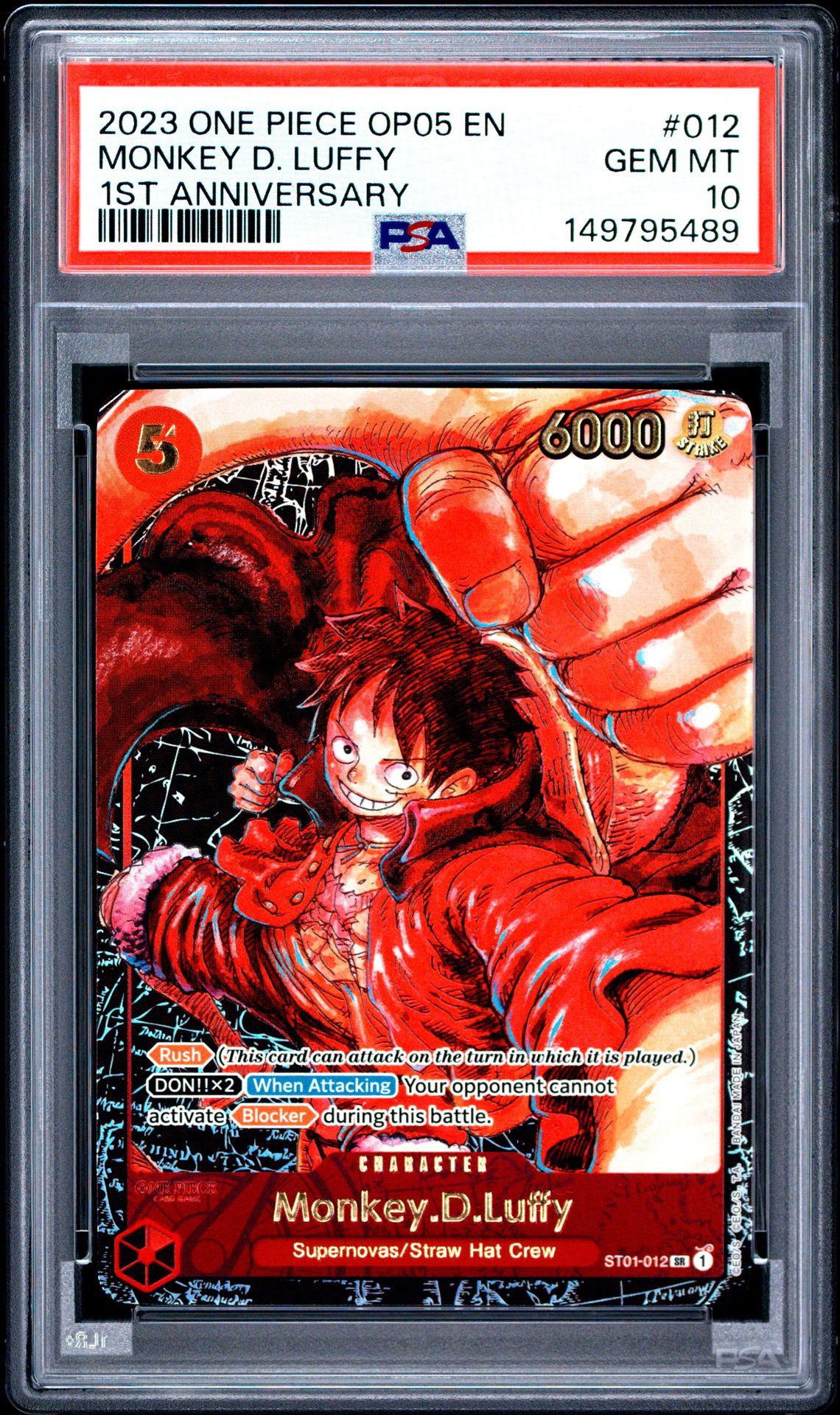 2023 One Piece Op05-Awakening Of The New Era Monkey D. Luffy #012 (1St Anniversary) Gem Mt 10 front view - PSA graded GEM MT 10